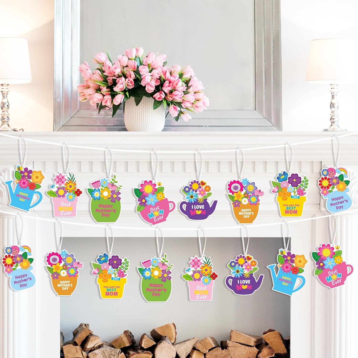 ANGOLIO Mother's Day Craft Kit - 40Sets Mother's Day Flowers DIY Paper Craft Kit Make Your Own Flower Pot Hanging Ornaments with Floral Stickers Thankful Gift for Mom Ladies Classroom DIY Art Activity