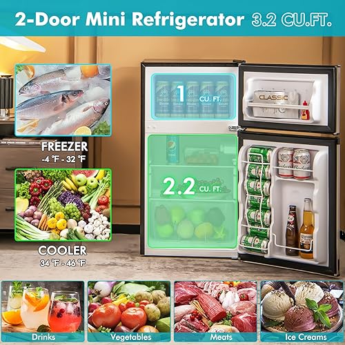 Miniatura 2 de PETSITE Refrigerador compacto, 3.2 pies cúbicos, mini refrigerador de acero inoxidable con 5 ajustes de temperatura, puerta reversible, unidad de 2