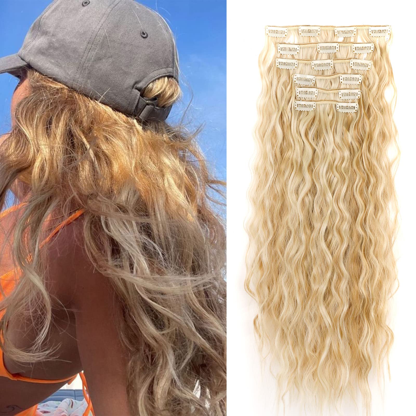 Clip in Hair Extensions Curly Wavy Long Hair Pieces 6PCS Full Head Synthetic Hair Extension Thick Natural Look for Women, 20 Inches 140g, Natural Blonde & Bleach Blonde