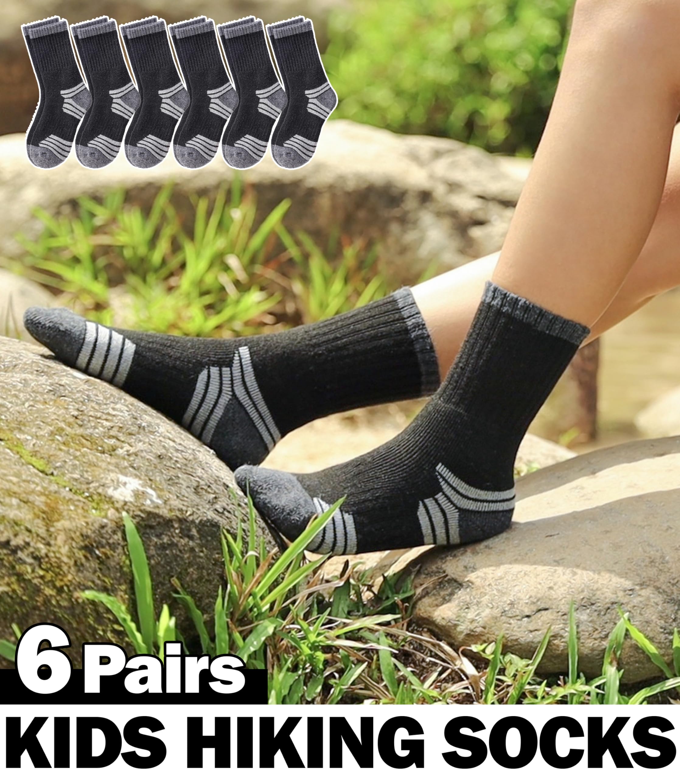 SDBING Lot de 6 paires de chaussettes de randonnée en laine mérinos pour enfants, garçons et filles, avec coussin épais et chaud