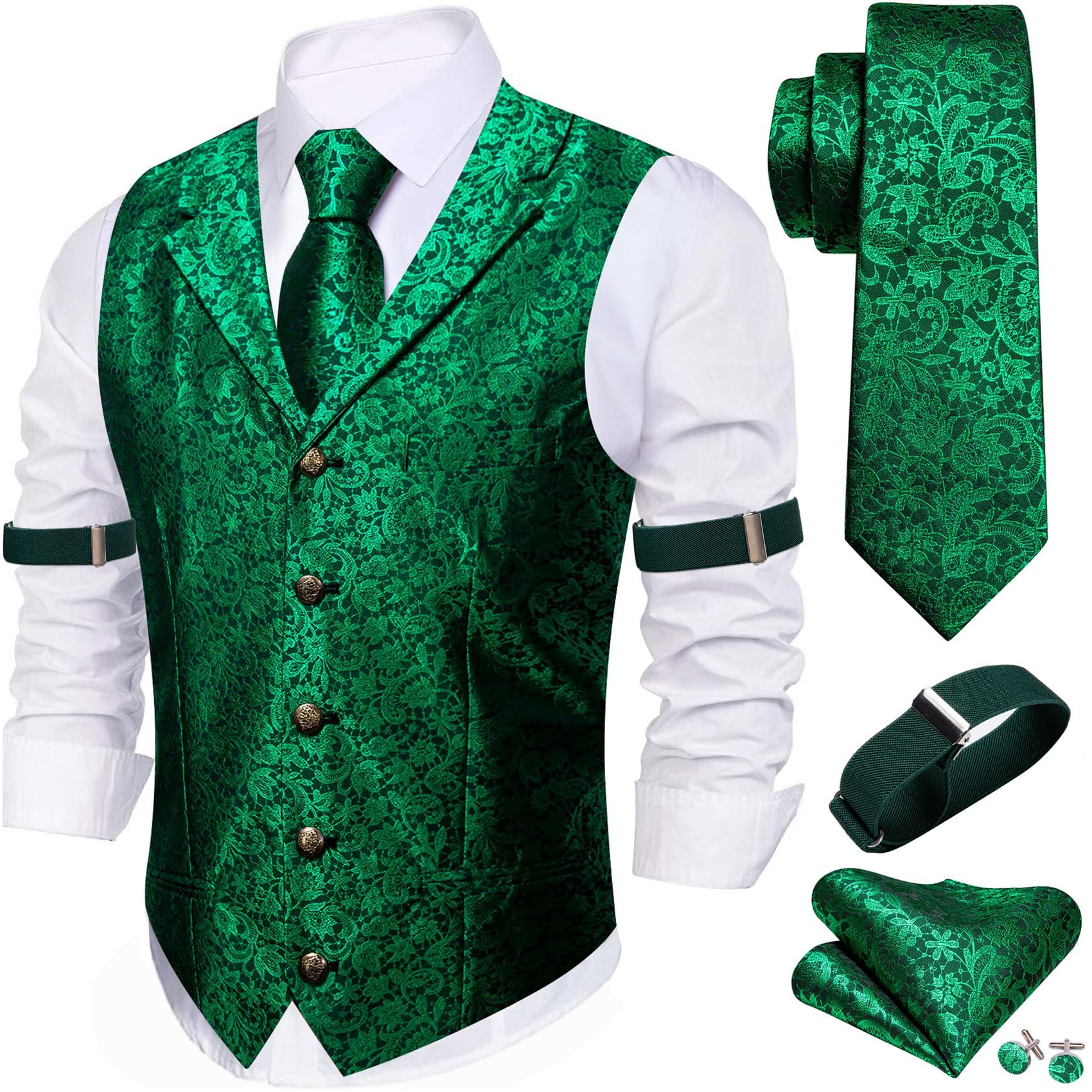 Barry.Wang Mens Silk Paisley/Floral Suit Vest Tie Sleeve Holder Set 5PCS