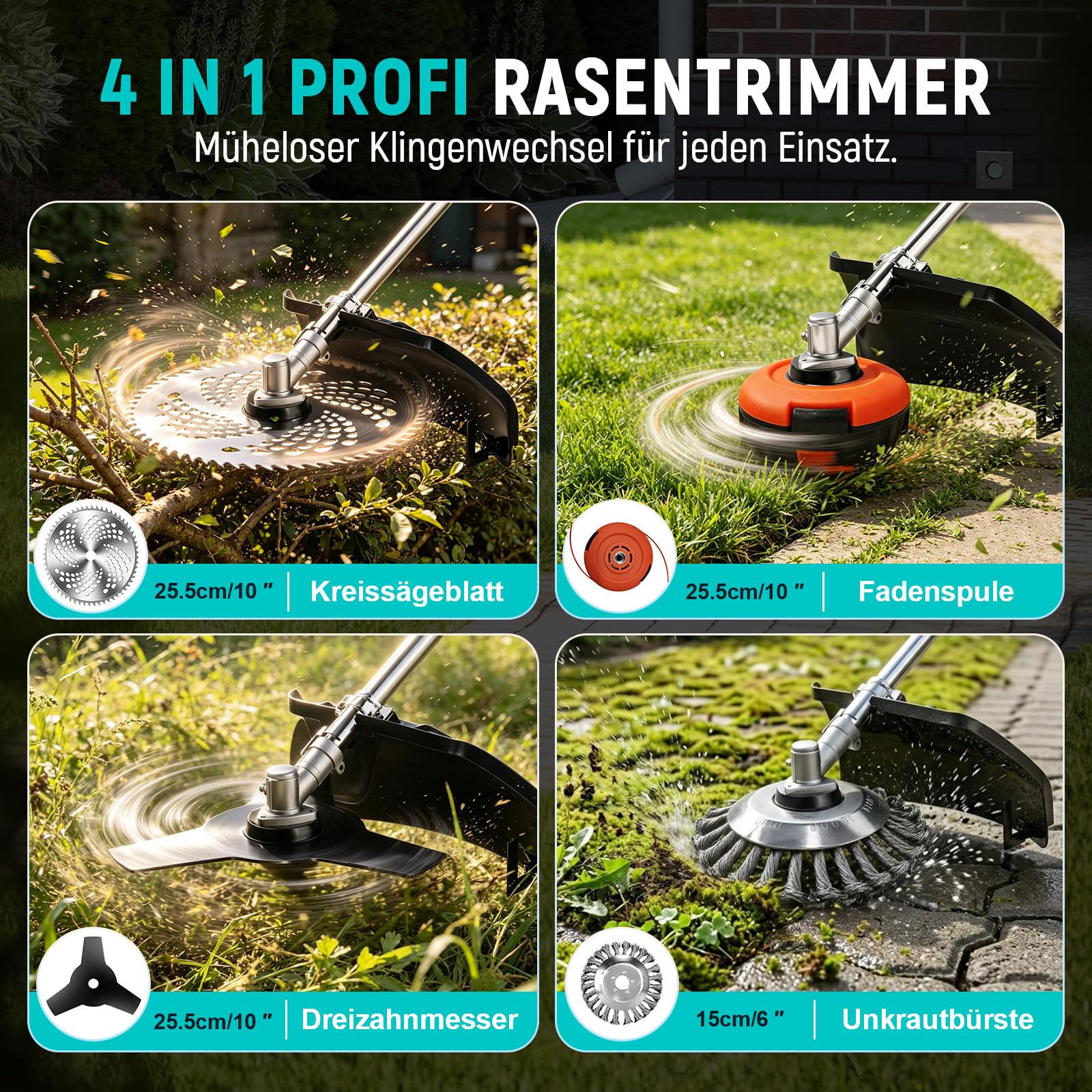 Rasentrimmer mit Akku,4-in-1 für Makita-Akkus,950W | Bürstenloser Motor, 15cm Unkrautbürste, 3m Tap&Go, Längerer Schaft, 2x 4.0Ah Akku, Garden Trimmen