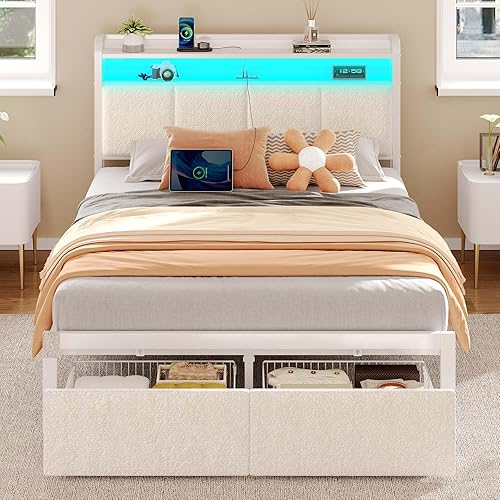 Miniatura 30 de Rolanstar Base de cama tamaño King con estación de carga y luces LED, cabecera de piel sintética con estantes de almacenamiento, listones de metal