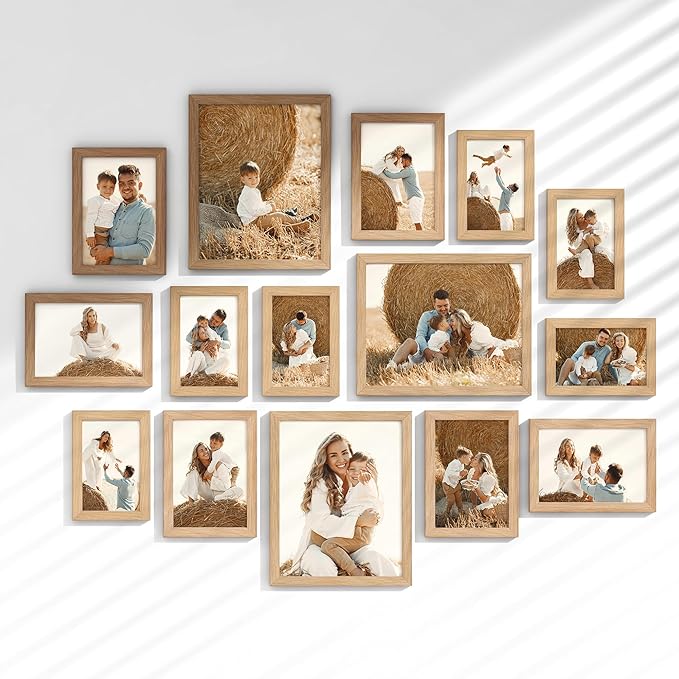 15 Pack Picture Frames Collage Wall Decor, Gallery Frame Set for Wall Mounting or Tabletop Display, Multi Sizes Including 3pcs 8x10, 6pcs 5x7, 6pcs 4x6, Oak