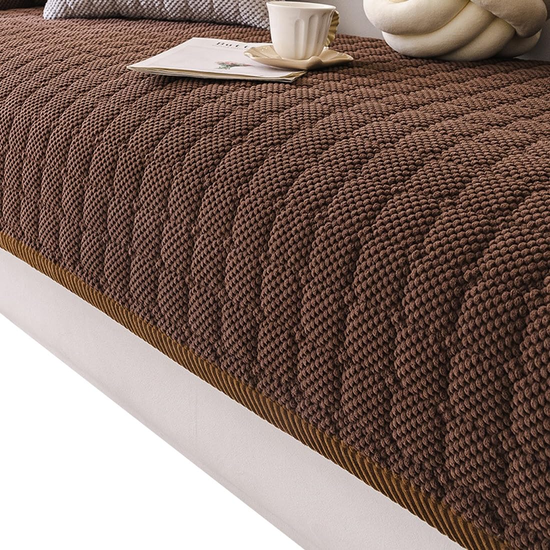 Housse de canapé antidérapante marron 90x160cm motif quadrillé pour salon