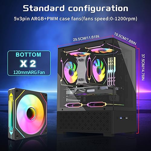 Miniatura 2 de Carcasa Micro ATX, carcasa MATX, ITX para PC con ventilador ARGB de 2 x 120 mm preinstalado, panel frontal y lateral de vidrio templado panorámico,