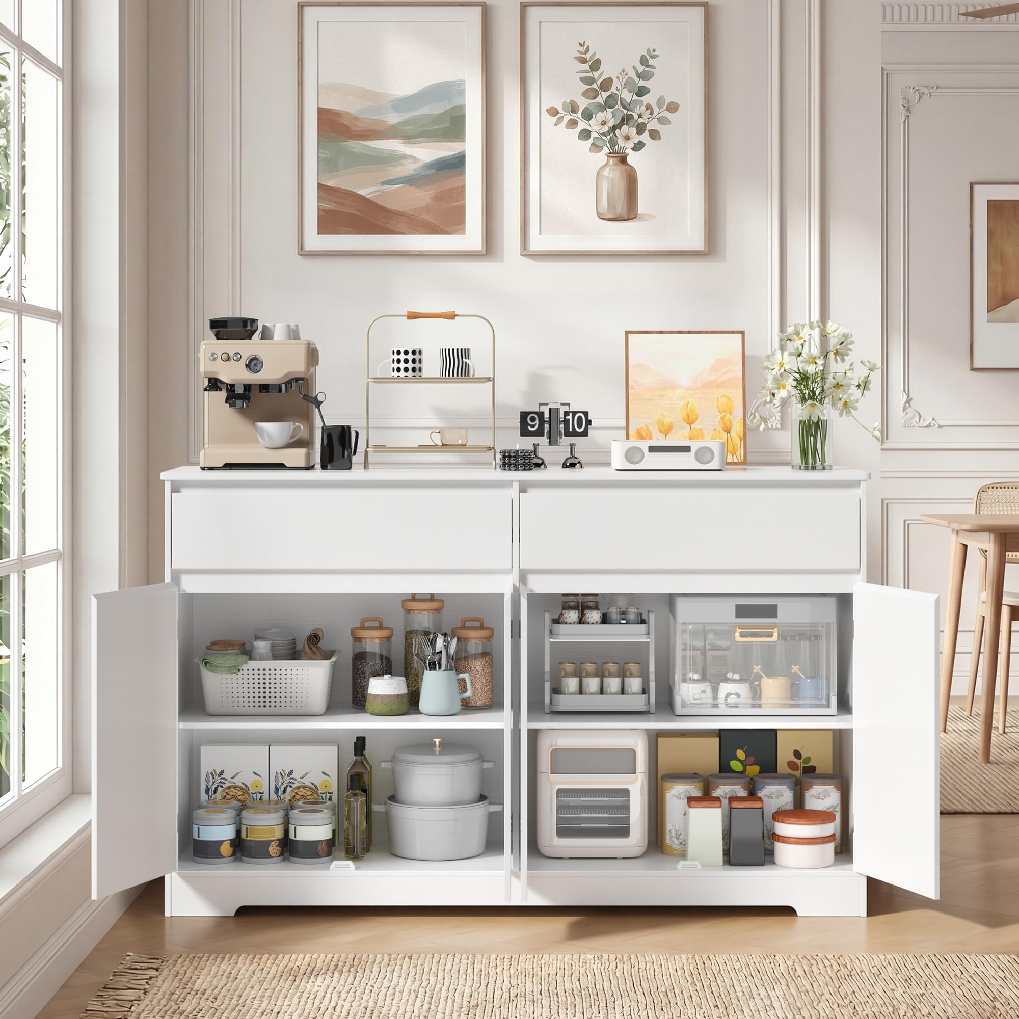 Xbro Buffet Cuisine avec 2 Tiroirs, Buffet à 4 Portes avec Étagère Réglable, Meuble de Rangement Multifonctionnel avec Coins Arrondis et Dispositif Anti-Basculement, pour Cuisine, Salon, Blanc