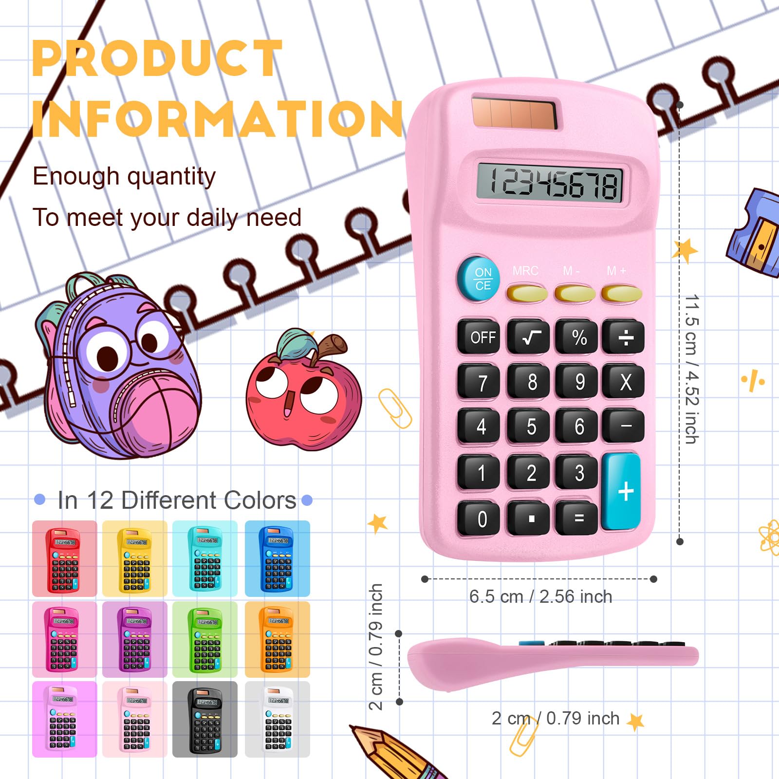 Confezione da 24 mini calcolatrici tascabili per studenti ad angolo portatile, display a 8 cifre, batteria solare, doppia alimentazione, piccola calcolatrice per studenti, bambini, casa, ufficio (12