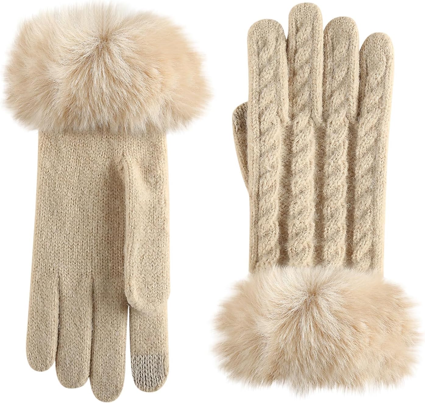 Winter Gloves for Women Warm Knit Mittens Clod Weather Stretchy Glove Adults Full Finger Mittens with Fuzzy Cuff