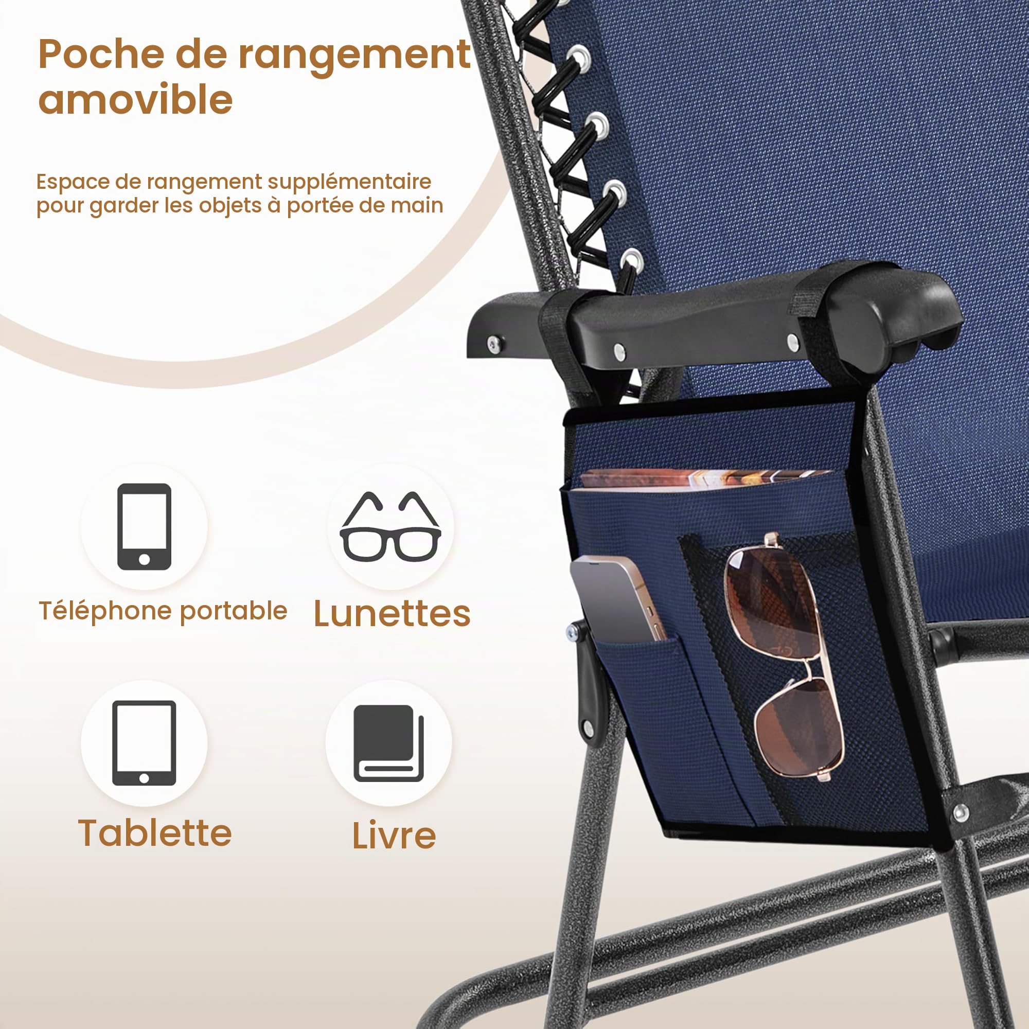 Yaheetech Basics Fauteuil à Bascule Pliant Rocking Chair Pliable de Jardin 102 x 65,5 x 103 cm avec Têtière Réglable Poche de Rangement pour Jardin Patio Terrasse Camping Voyage Bleu Marine