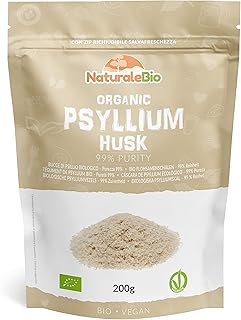 Organic Psyllium Husk - 99% Purity - 200g. Pure & Natural Psyllium Seed Husks, Produced in India. High in Fibre, to be Mixed with Water, Beverages, & Juices, Vegetarian & Vegan. NaturaleBio