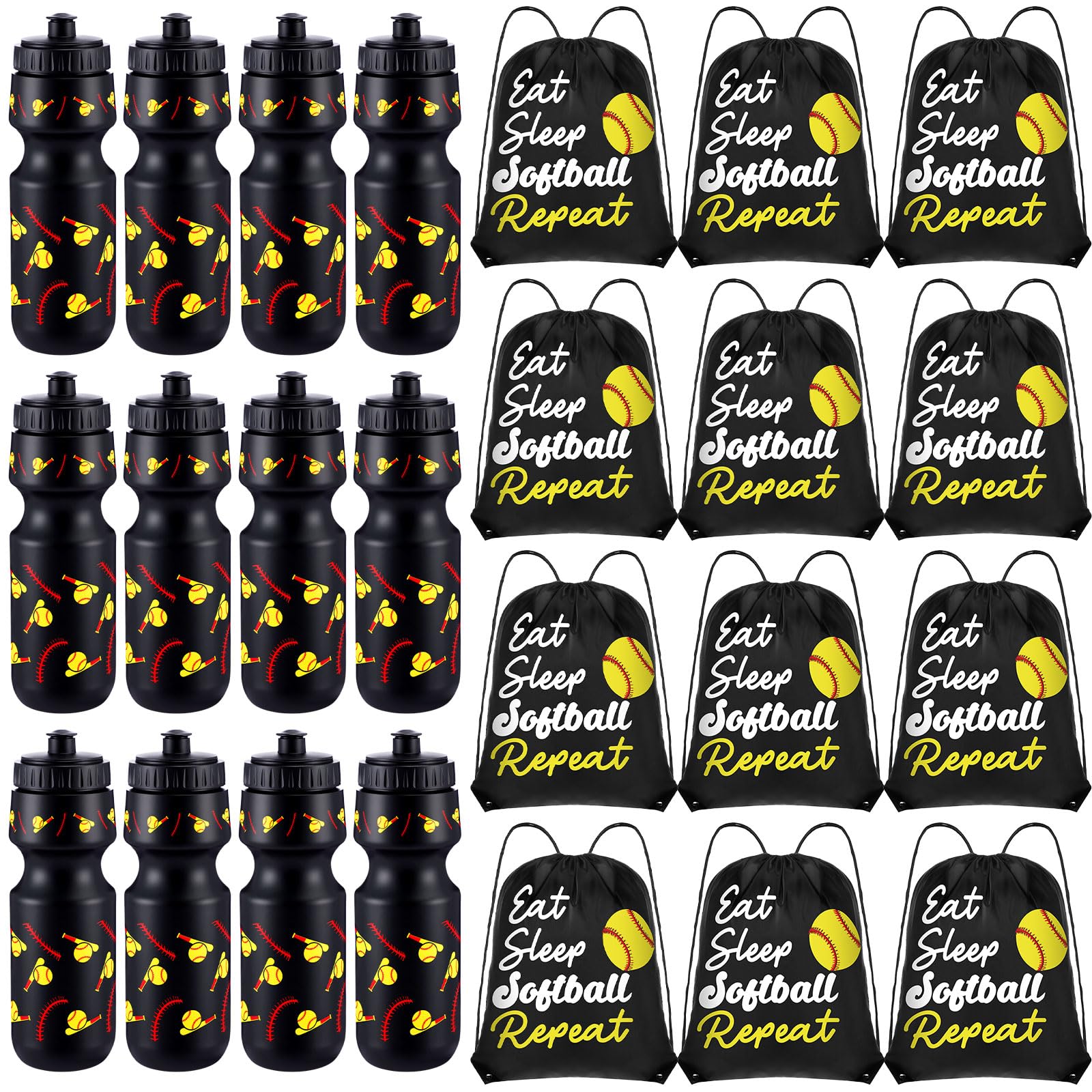 Reallnaive 24 Pcs Softball Party Favors 24 oz Softball Water Bottle Gift for Team with Drawstring Bag Bulk Gifts Tumbler Cup Sports Themed Accessories