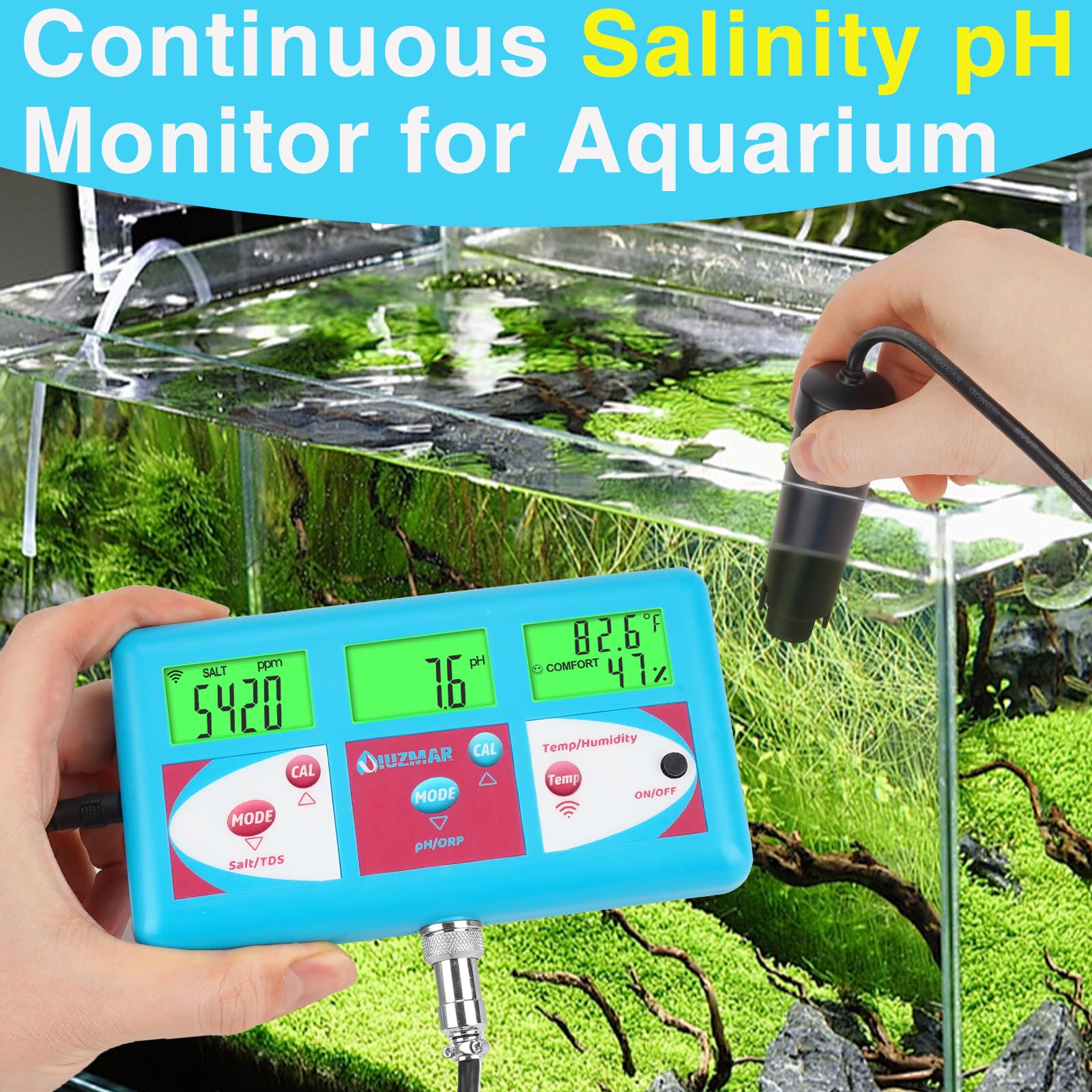 UIUZMAR Moniteur de salinité de pH continu pour aquarium, testeur numérique de salinité pour aquarium d'eau salée, testeur de sel de pH numérique PPM pour réservoir de récif, testeur 6 en 1, pour