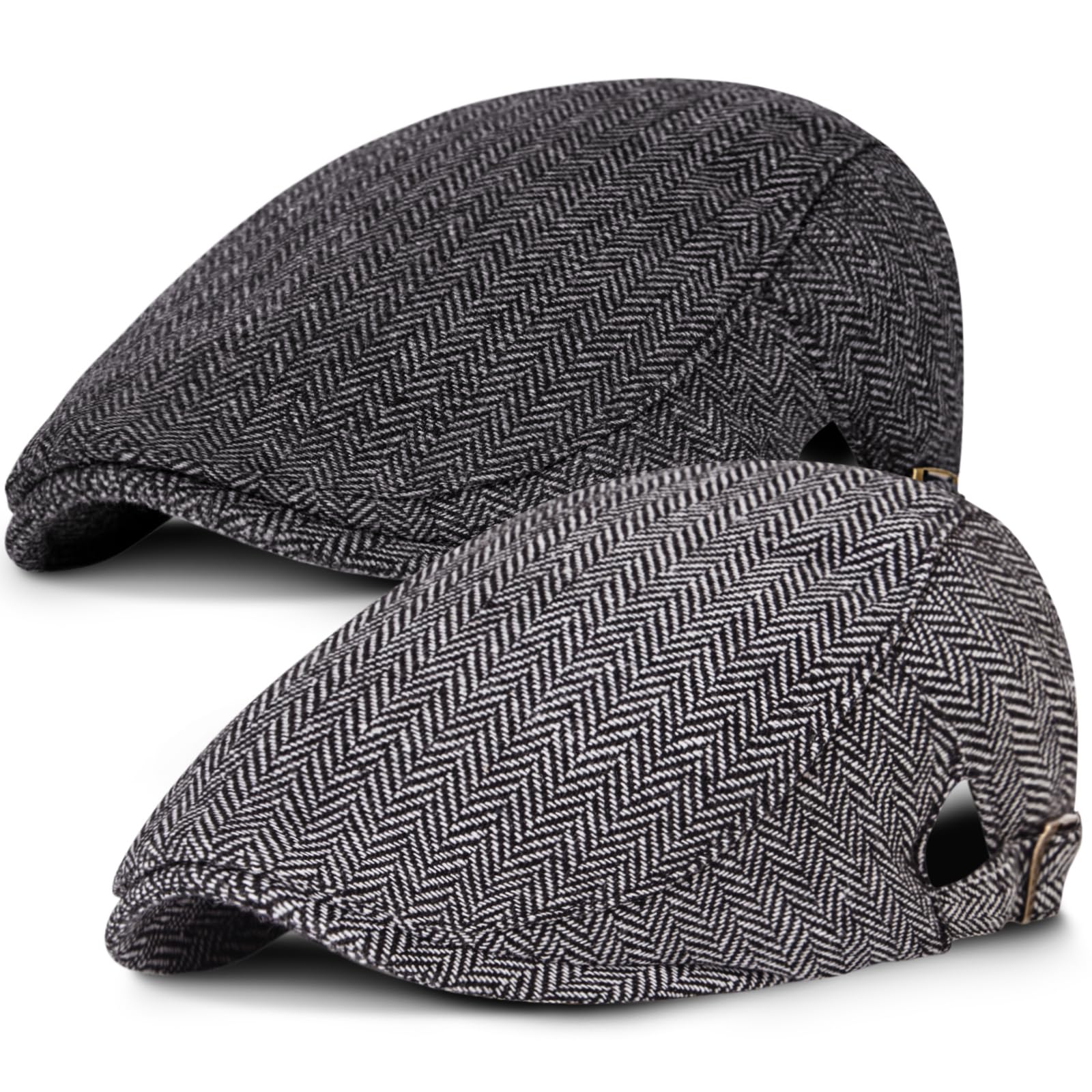 2 Pack Newsboy Cap for Men Adjustable Herringbone Tweed Wool Hats Blend Flat Cap Ivy Cabbie Driving Hat