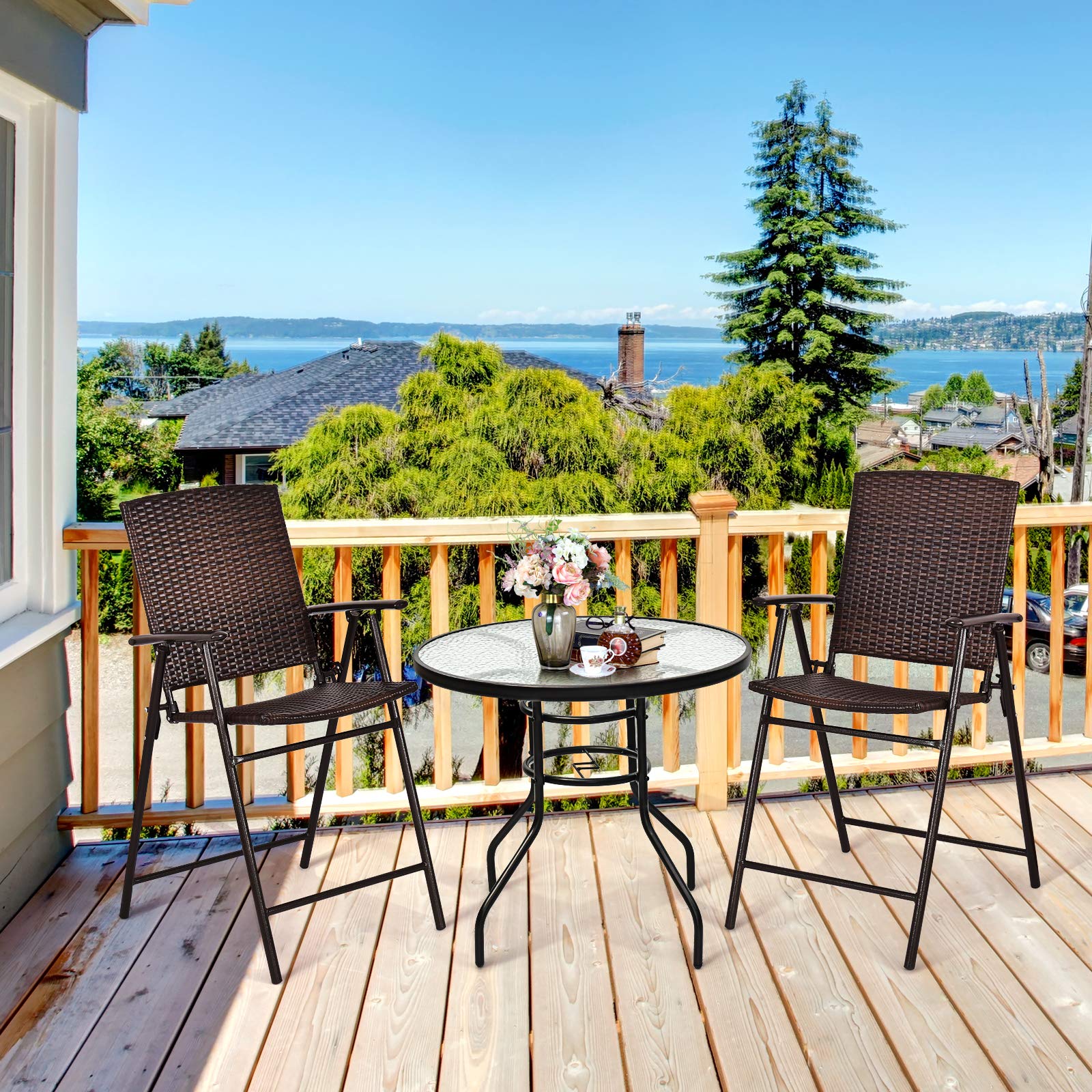 GOPLUS Gartentisch mit Schirmloch, Balkontisch mit Glasplatte & Metallrahmen, Terrassentisch Beistelltisch Bistrotisch Glastisch Esstisch für Garten & Terrasse (Rund)