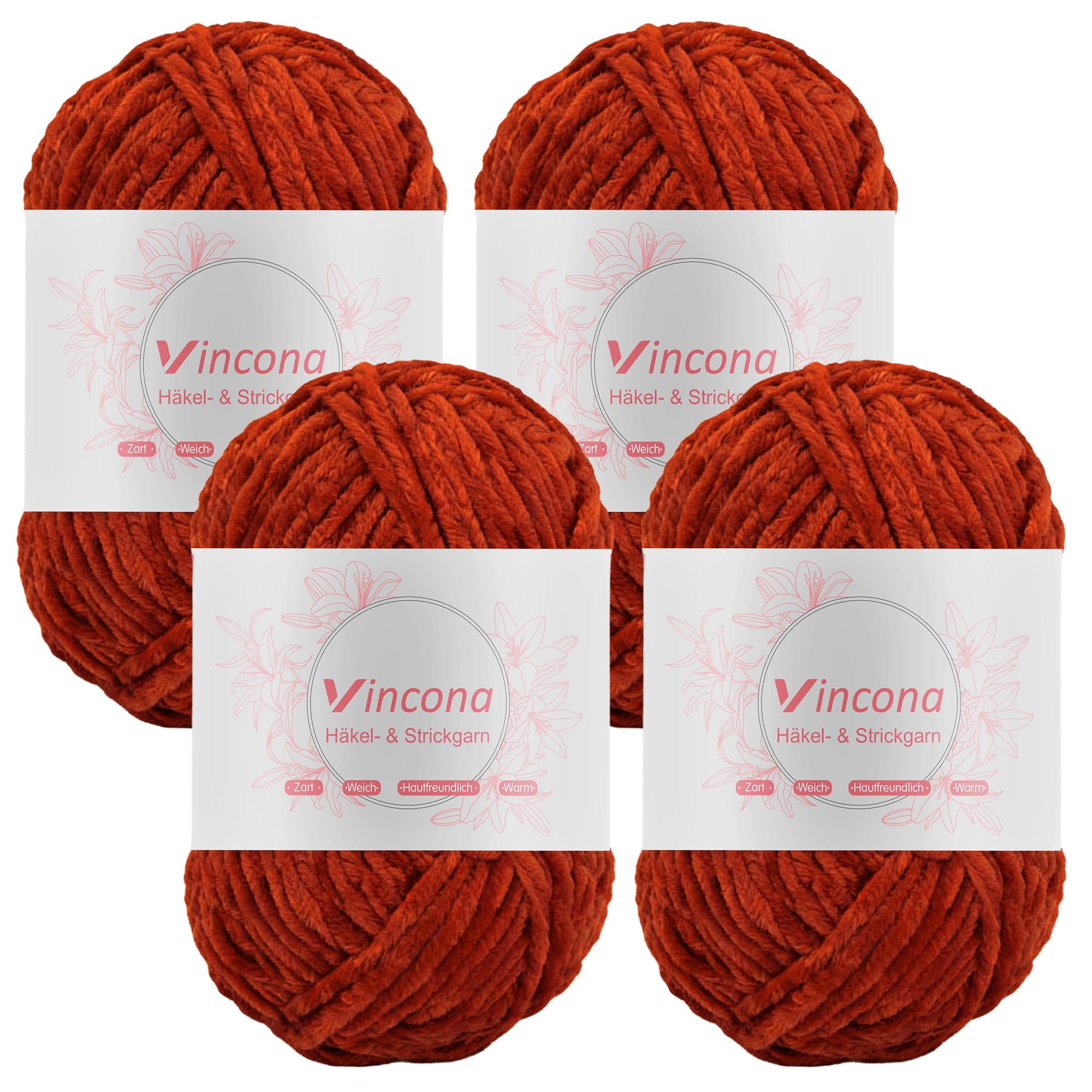 Vincona 4 x 100g Chenille Wolle zum Häkeln - Kuschelig und hautfreundlich，Garn zum Stricken und Häkeln - 100% Polyester – 4 x 120 m – Nadelstärke 5-6 Rost