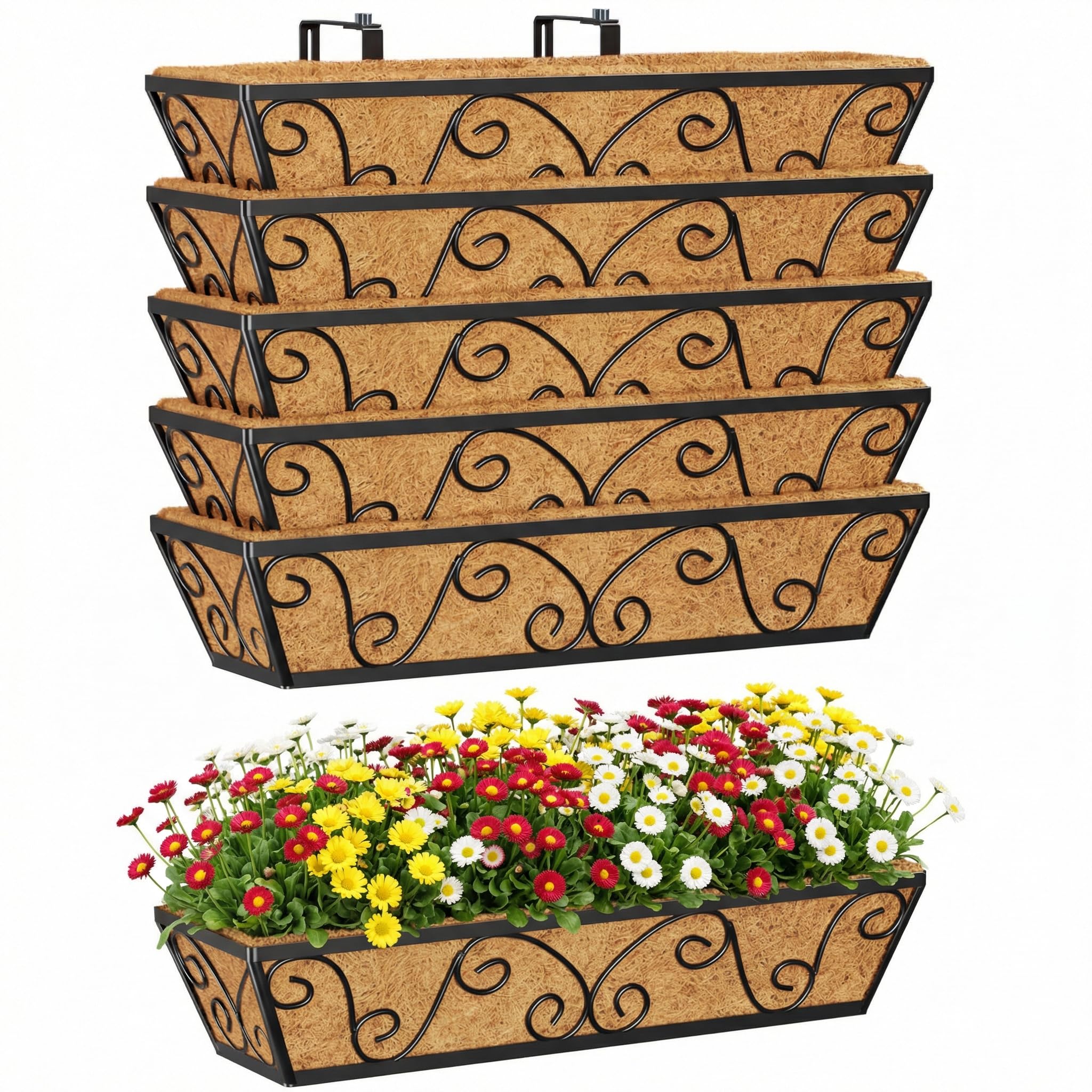 Hfhome Butterfly-6P Set Of 6 60.9Cm/24In Wall Trough Rail Planters, Metal Butterfly Planter Box With Coco Liner, Long Flowerpot For Railing Window Box Porch Balcony & Outdoor Fences