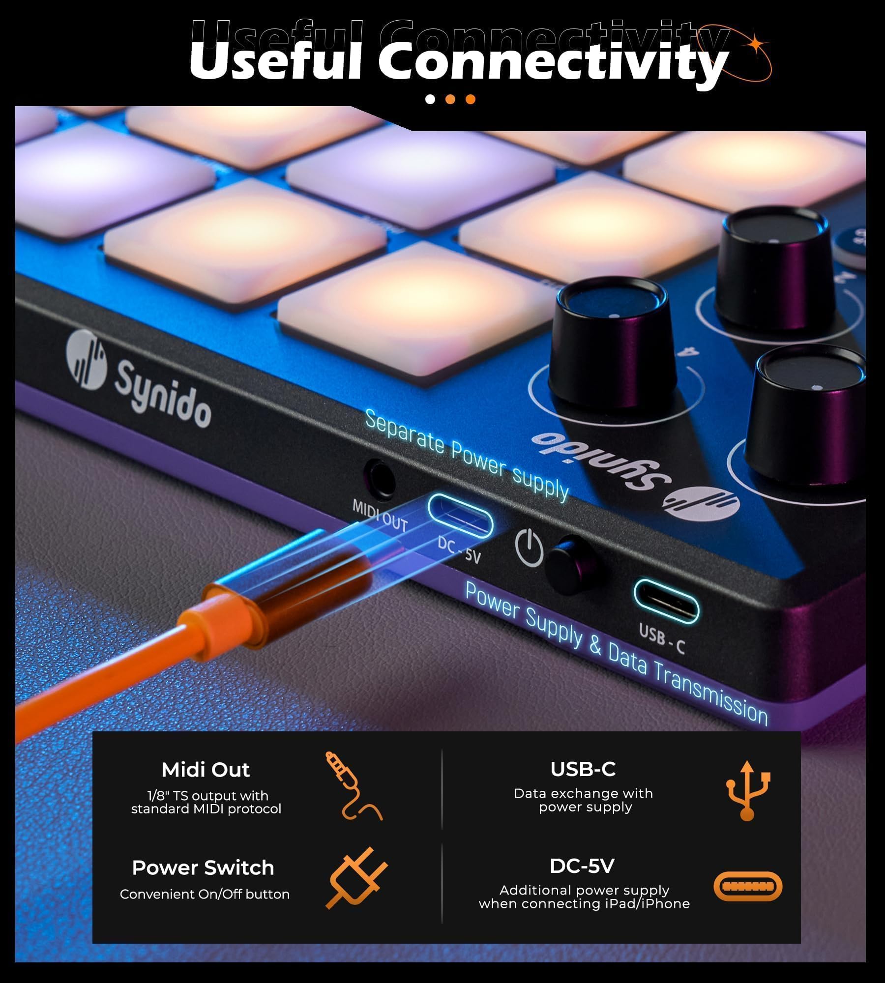 Synido TempoPAD Machine à rythmer pour la production musicale, contrôleur de pad MIDI USB portable pour débutants avec sac de transport durable, 16 coussinets rétroéclairés, 4 assignables