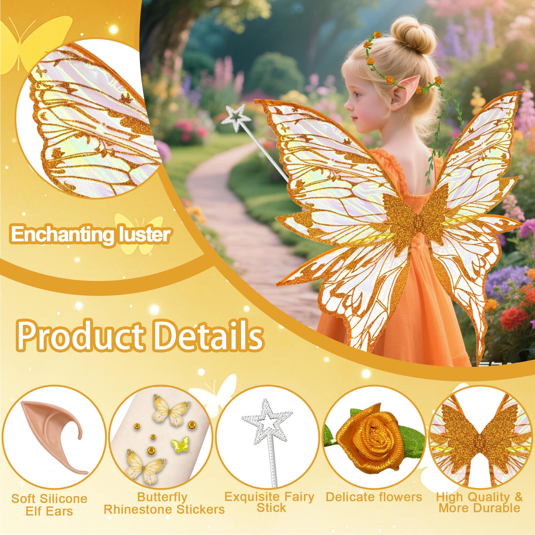 YeahBoom Children's fairy wings, butterfly wings with elf ears, fairy headband and star fairy wands, butterfly wings - Image 3