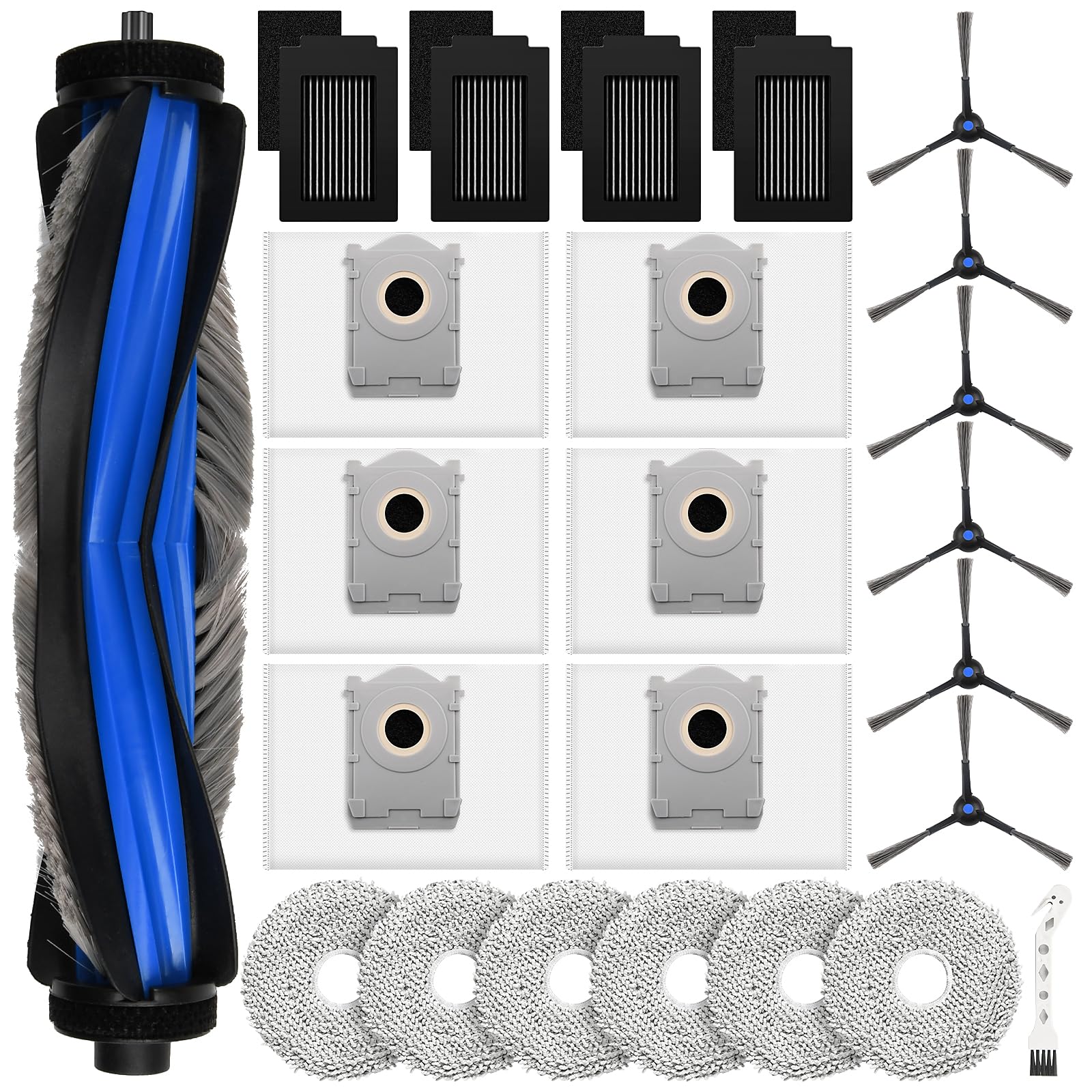 24 Stück Zubehör für Ecovacs Deebot T50 MAX PRO Omni/MAX PRO Omni Gen2 Saugroboter, Ersatzteile mit 1 Hauptbürste, 6 Staubbeutel, 6 Wischtücher, 4 Filter, 6 Seitenbürsten, 1 Reinigungsbürste