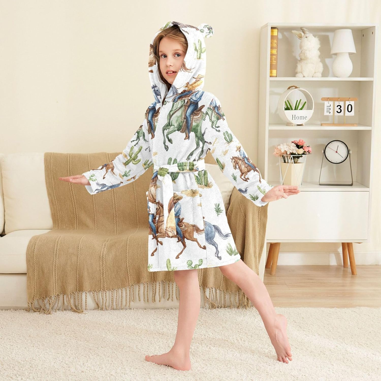 Watercolor Cowboys on Horses Bathrobe Hooded PJ Robe Soft Fleece Robe Pajama Sleepwears 2-12 Years