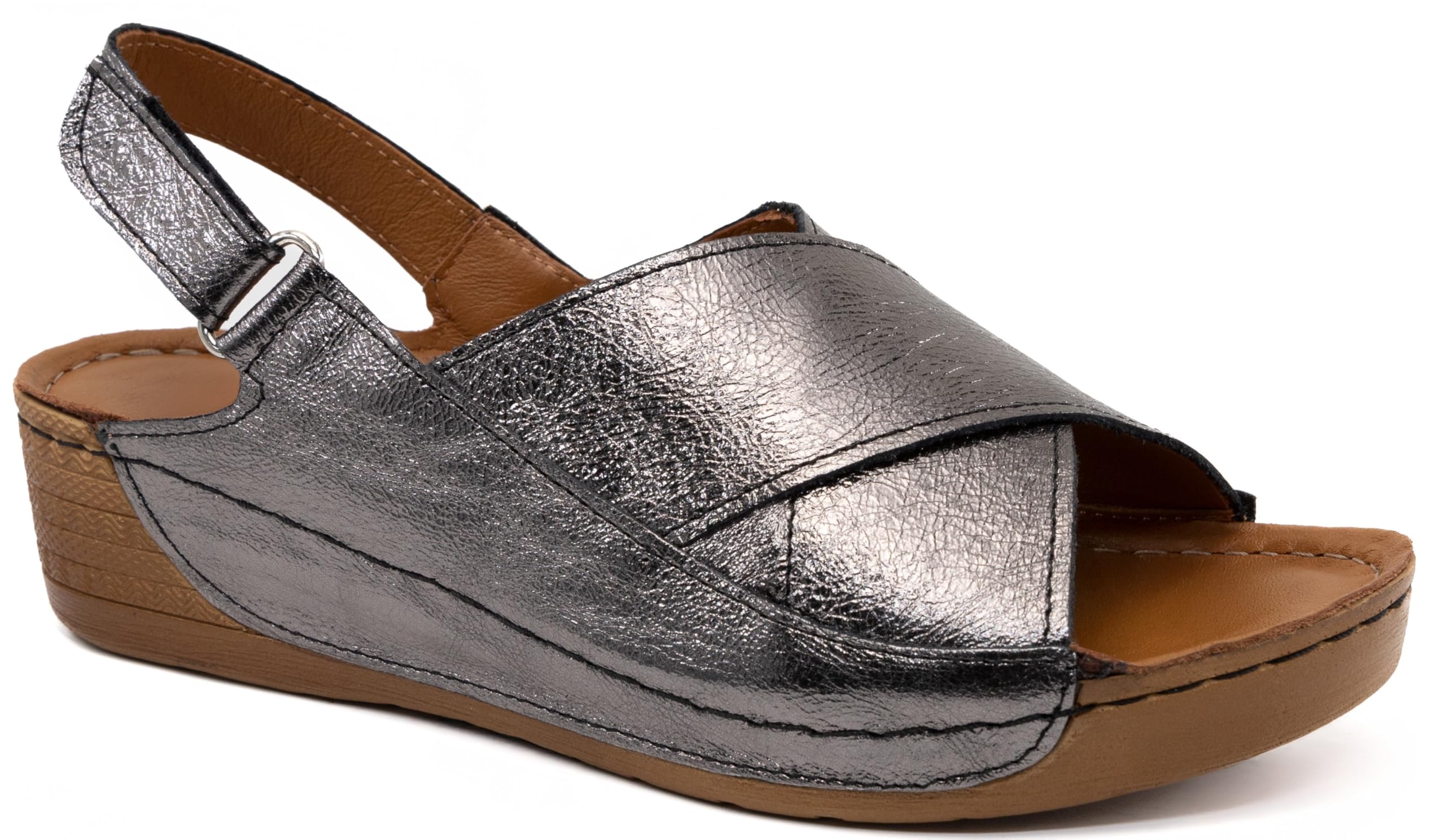 Sandales compensées cuir finitions haut de gamme avec bride ajustable anthracite