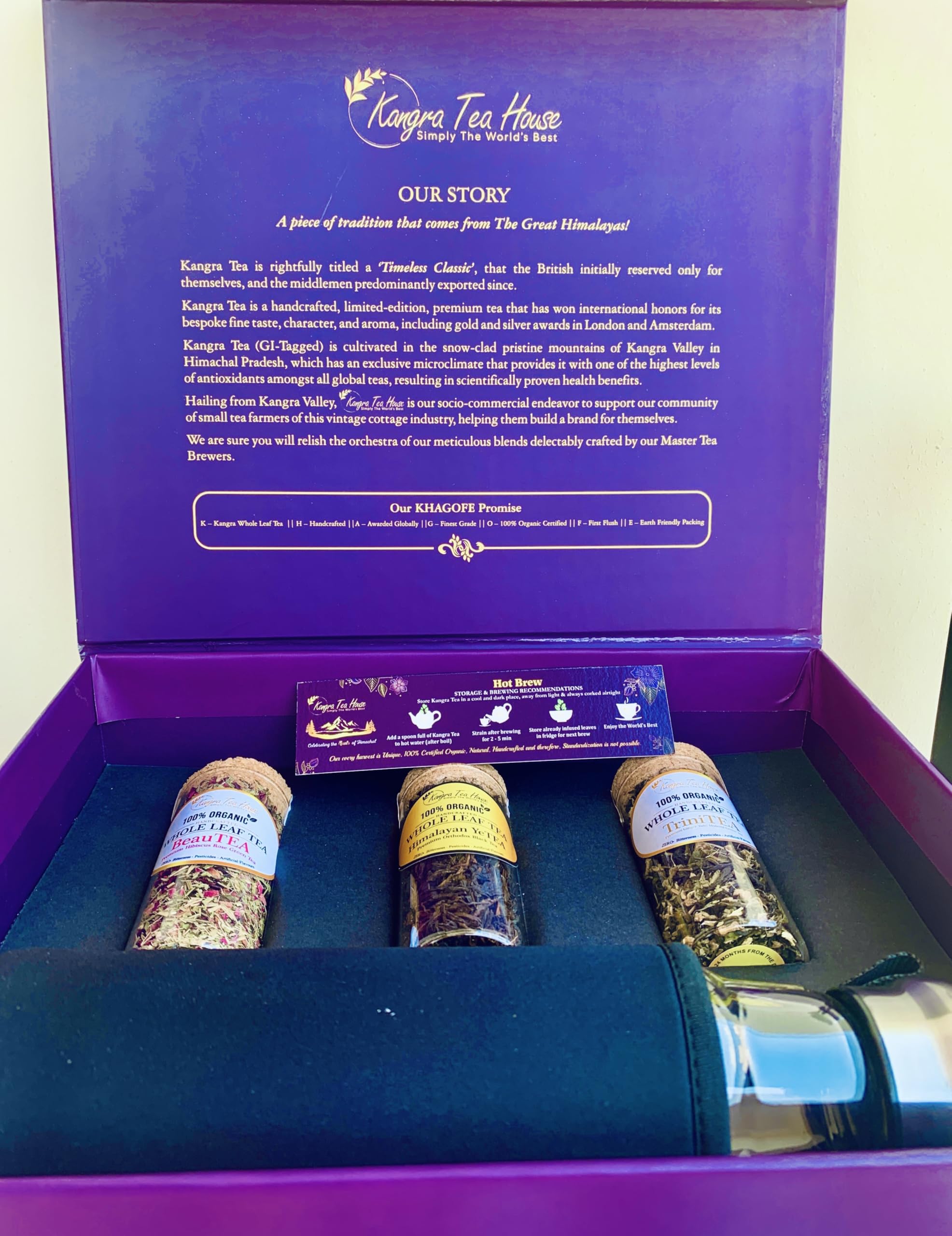 Kangra Tea House Premium Organically Grown Handcrafted Tea Set, 3 Teas from Himalayas, Borosilicate Glass Infuser for Hot, Cold, Iced Teas, Mocktails