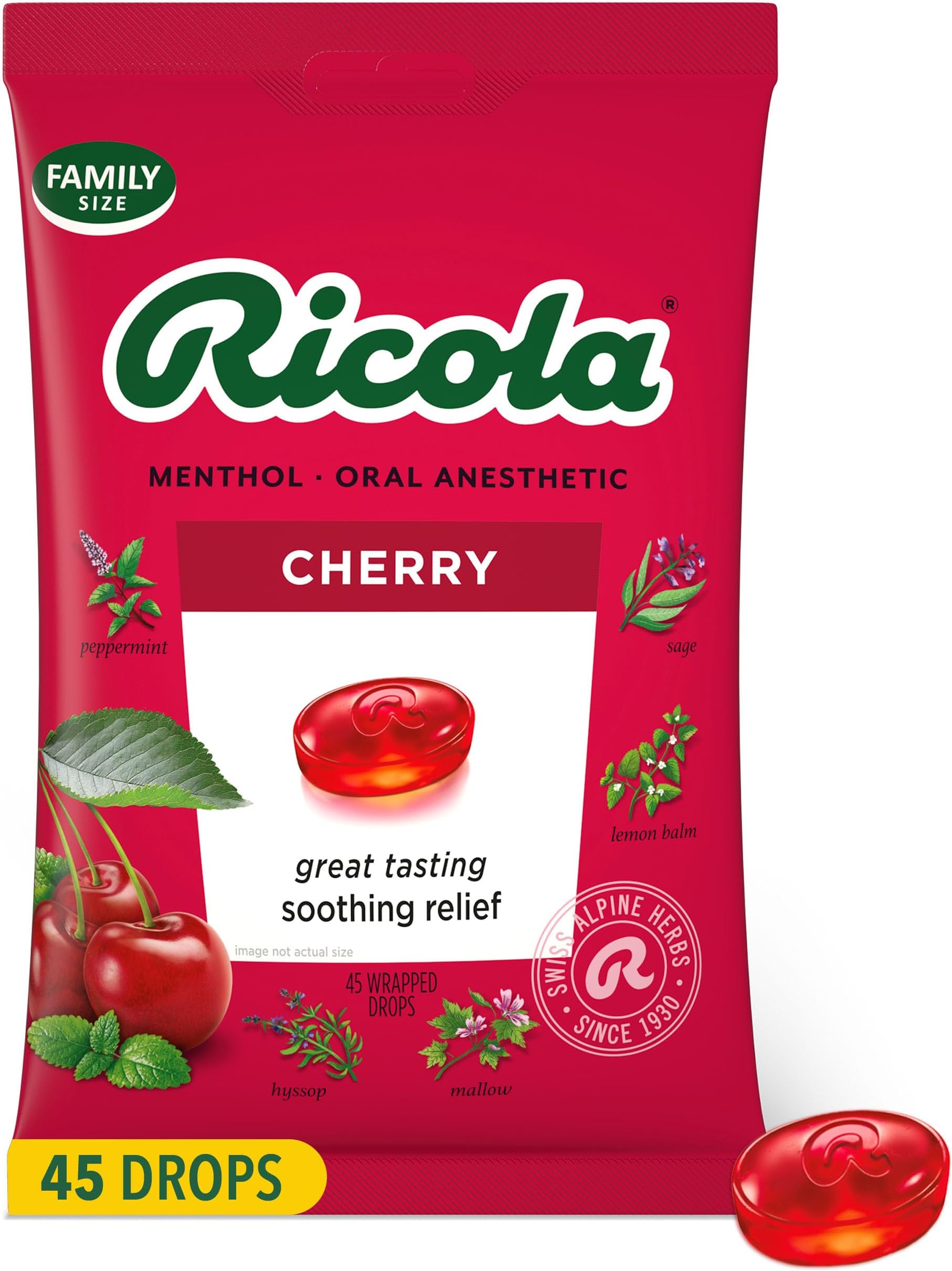 Cherry Throat Drops, 45 Count, Daily Drops For Delicious Throat Refreshment, Oral Anesthetic, Naturally Flavored