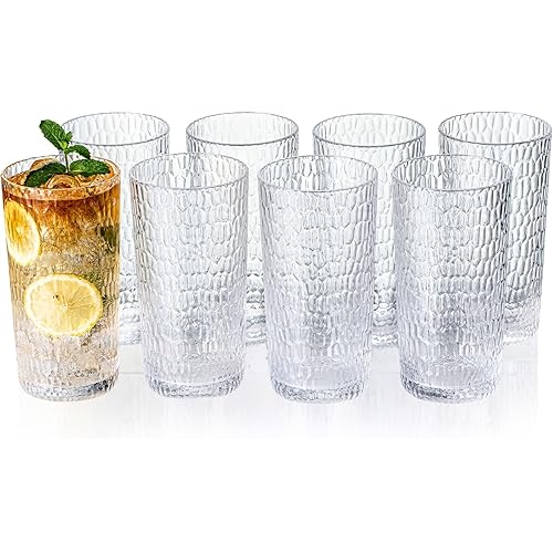 22oz Clear Acrylic Glasses Drinkware (Set of 8), Honeycomb Stackable Shatter-Proof Plastic Tumblers, Reusable Plastic Drinking Glasses, BPA-Free, Dishwasher-Safe