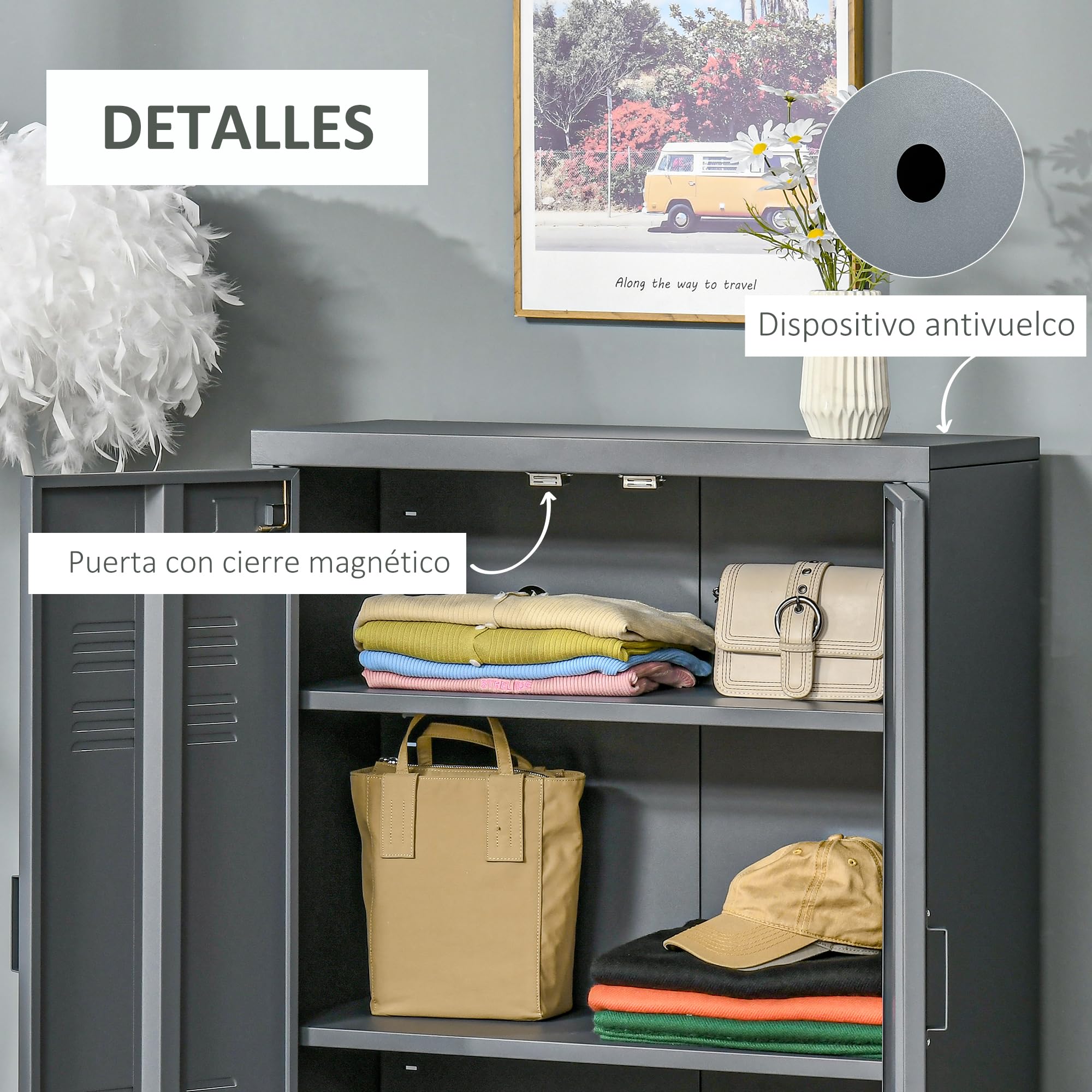 HOMCOM Armario de Almacenamiento Aparador de Metal con Doble Puerta Cierre Magnético y 2 Estantes Ajustables para Oficina Salón Dormitorio 75x33x110 cm Gris