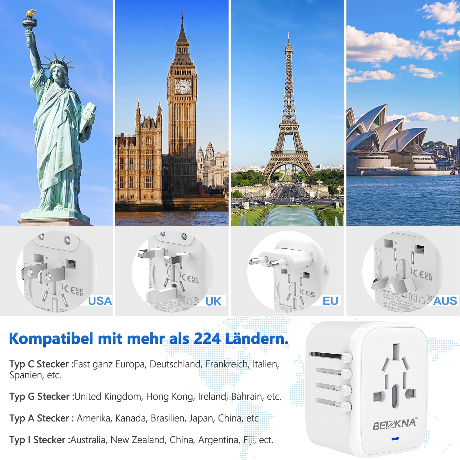 Universal Reiseadapter Mit USB C – Weltweit Einsetzbar Für USA, EU, UK, AUS, Inkl. 1x USB A, Kompakt & Mit Sicherheitsschutz