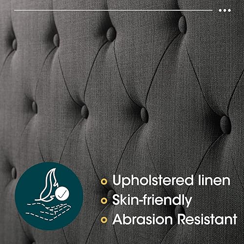 Miniatura 5 de WEEWAY Base de cama tapizada tamaño Queen con cabecera copetuda con respaldo de alas, plataforma moderna con soporte de listones de madera, fácil