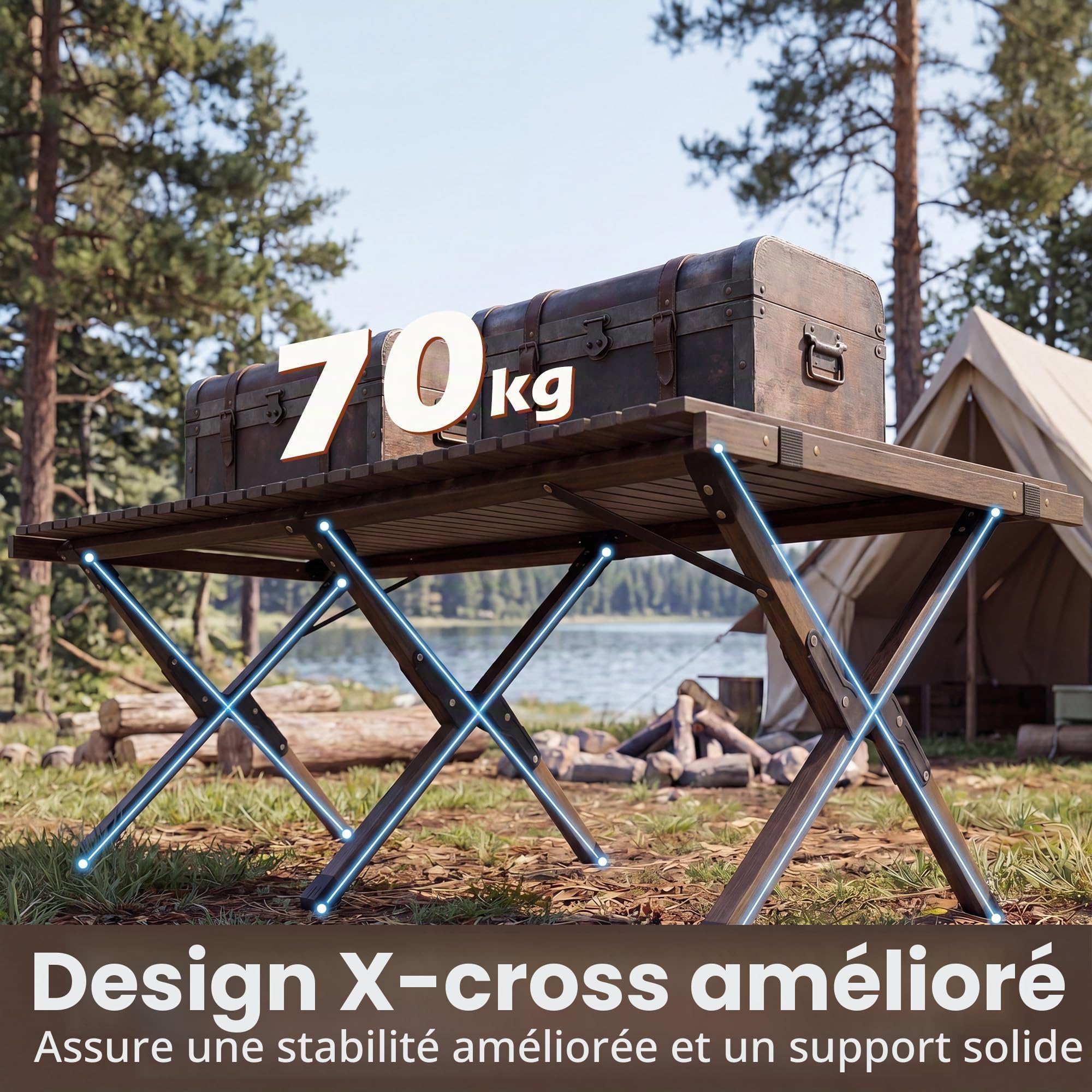 HOMASIS Table Pliante 4-6 Personnes en Bois de Pin, Table Pique Nique Enroulable Portable avec Sac de Transport&Cadre en X, pour Camping, Barbecue, Fête, Jardin, Charge 70kg, 122x60x45cm (Café)