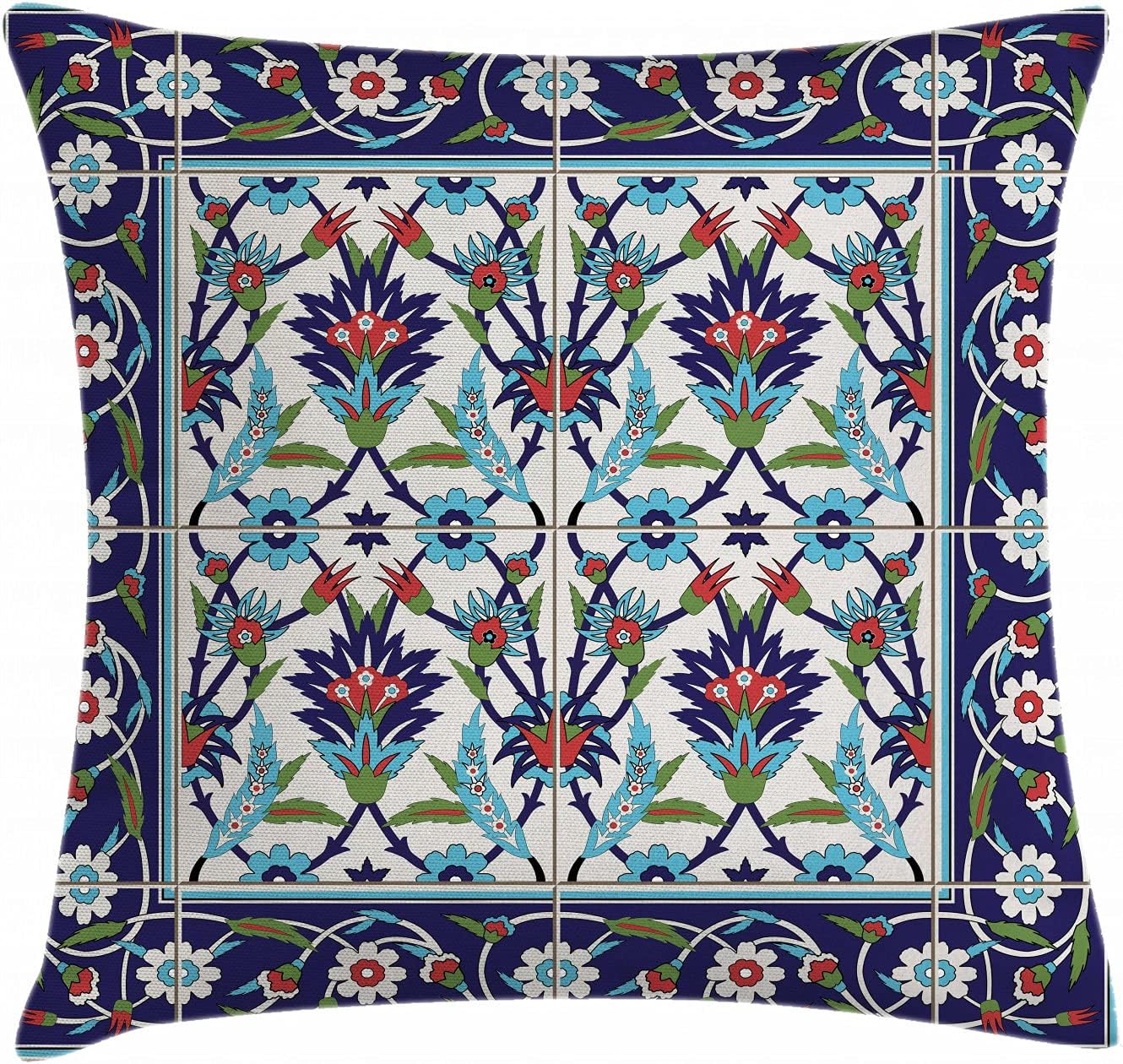 Ambesonne Turkish Pattern Throw Pillow Cushion Cover, Mosaic Tiles with Nature Inspired Ornaments Tulips and Daisies with Curls, Decorative Square Accent Pillow Case, 16" X 16", Turquoise and White