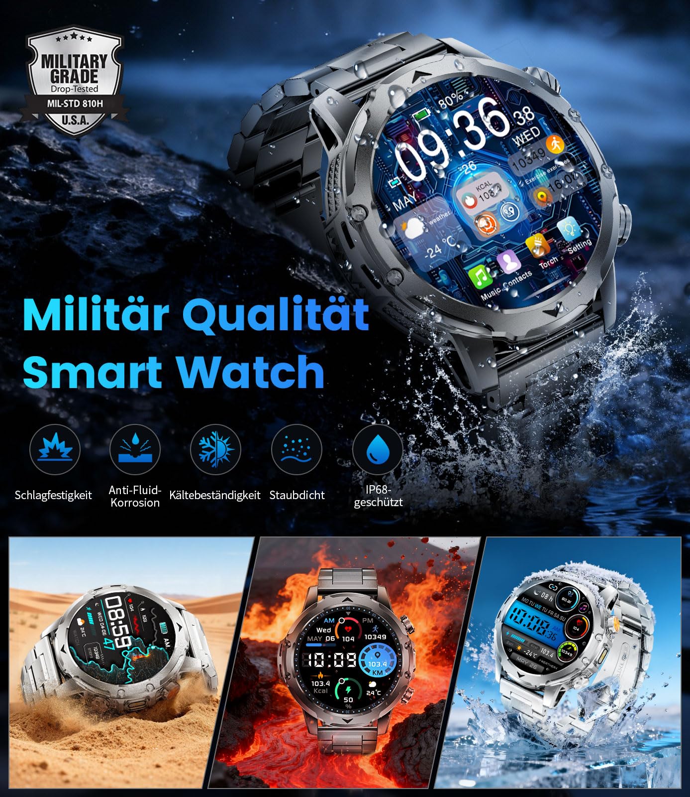 Reloj Inteligente Hombre con 1000mAh/Linterna, 1.53" HD Militar Smartwatch Hombre con Llamadas Bluetooth, Monitor de Sueño, SpO2, IP68 Impermeable, 120+ Modos Deportivos para Android iOS