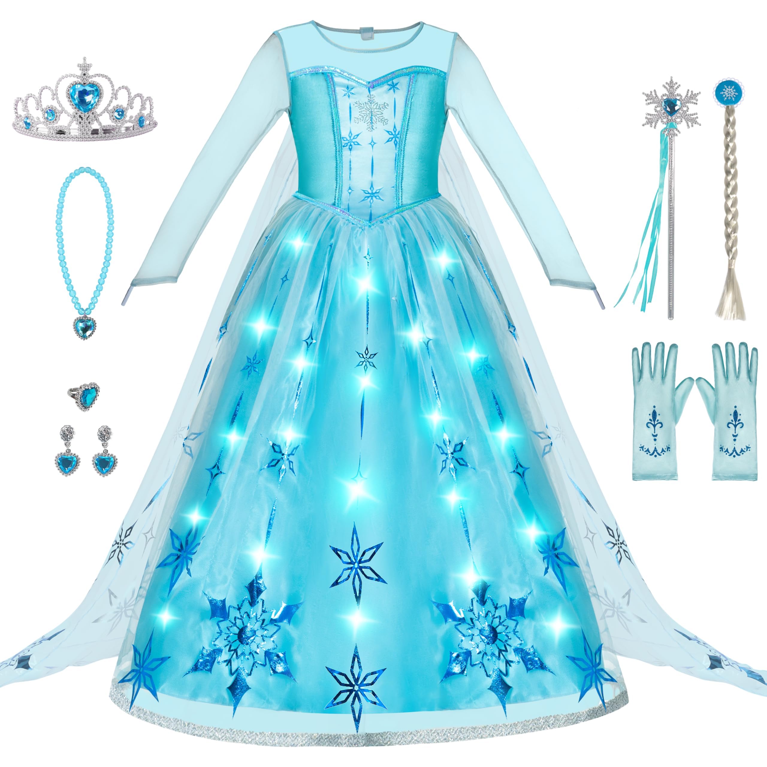 Spooktacular Creations Halloween Kids Ice Princess Dresses, Light-Up Princess Costume for Girls, Sequin Snowflake Long Cape Gown for Toddler Birthday, Halloween Dress-Up Party (3T, 3-4 yrs)