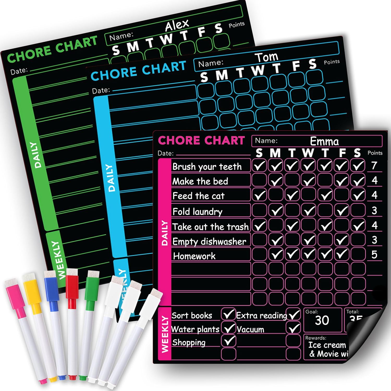 3 Pcs Blackboard Chore Chart Set – Pocket Charts – Dry Erase Chore Chart for Multiple Kids, Teens & Adults. Fridge Magnetic Blackboard Set – 3 Individual Charts (10″x10″ Each) & 8 Fine Tip Markers