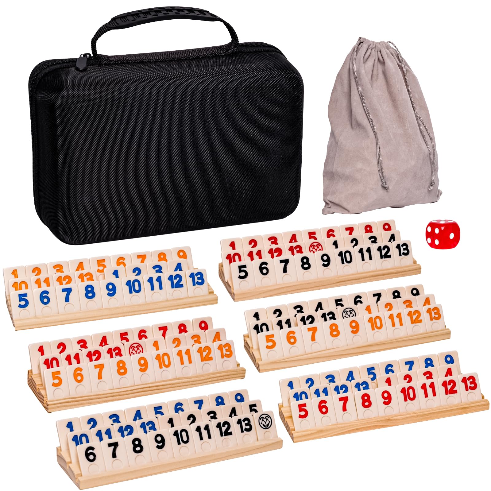 SUROQUE Rummy Cube Game Set 6 Plays with 6 Wooden Holders and 160 Rummy Tiles, Travel and Family Board Game