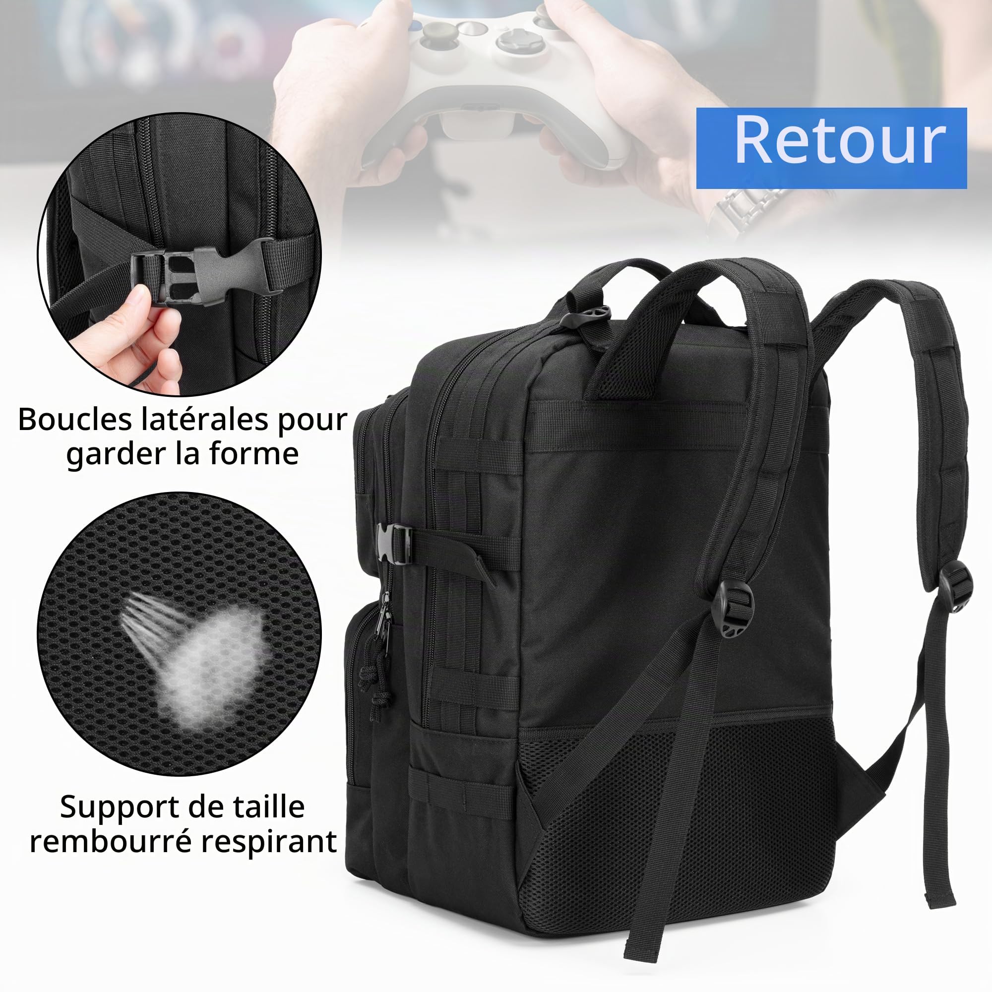PGmoon Sac à Dos de Jeu Tactique Compatible avec Console PS5/PS5 Slim/PS4 | Sac de Rangement pour Ordinateur Portable 15,6", Moniteur Portable, Manette, Casque et Autres Accessoires de Jeu