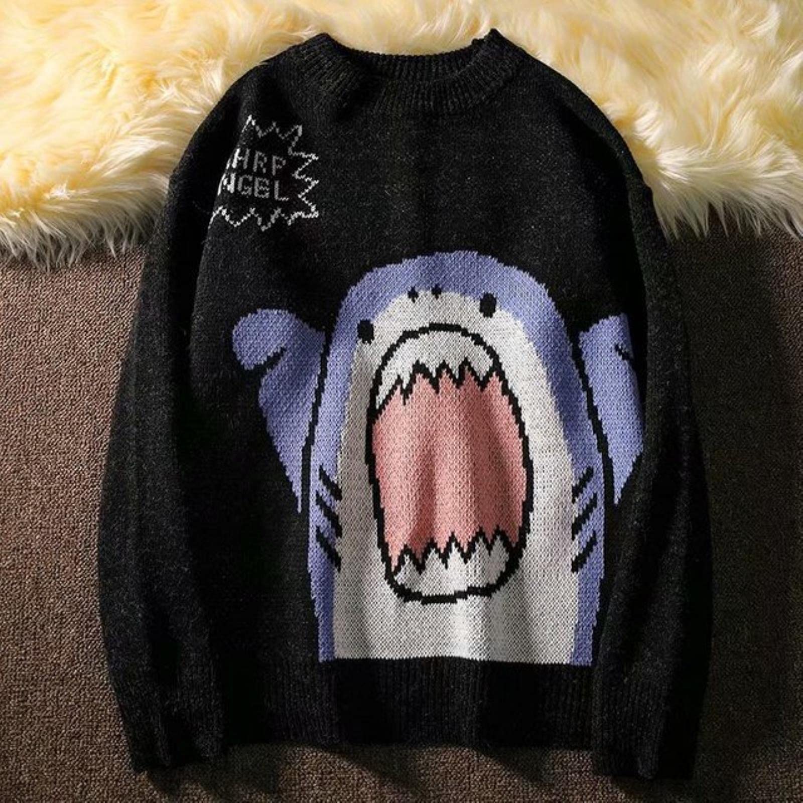 NIAN Turtlenecks Shark Sweater Winter Patchwor Harajuku Korean Style High Neck Oversized Grey Turtleneck