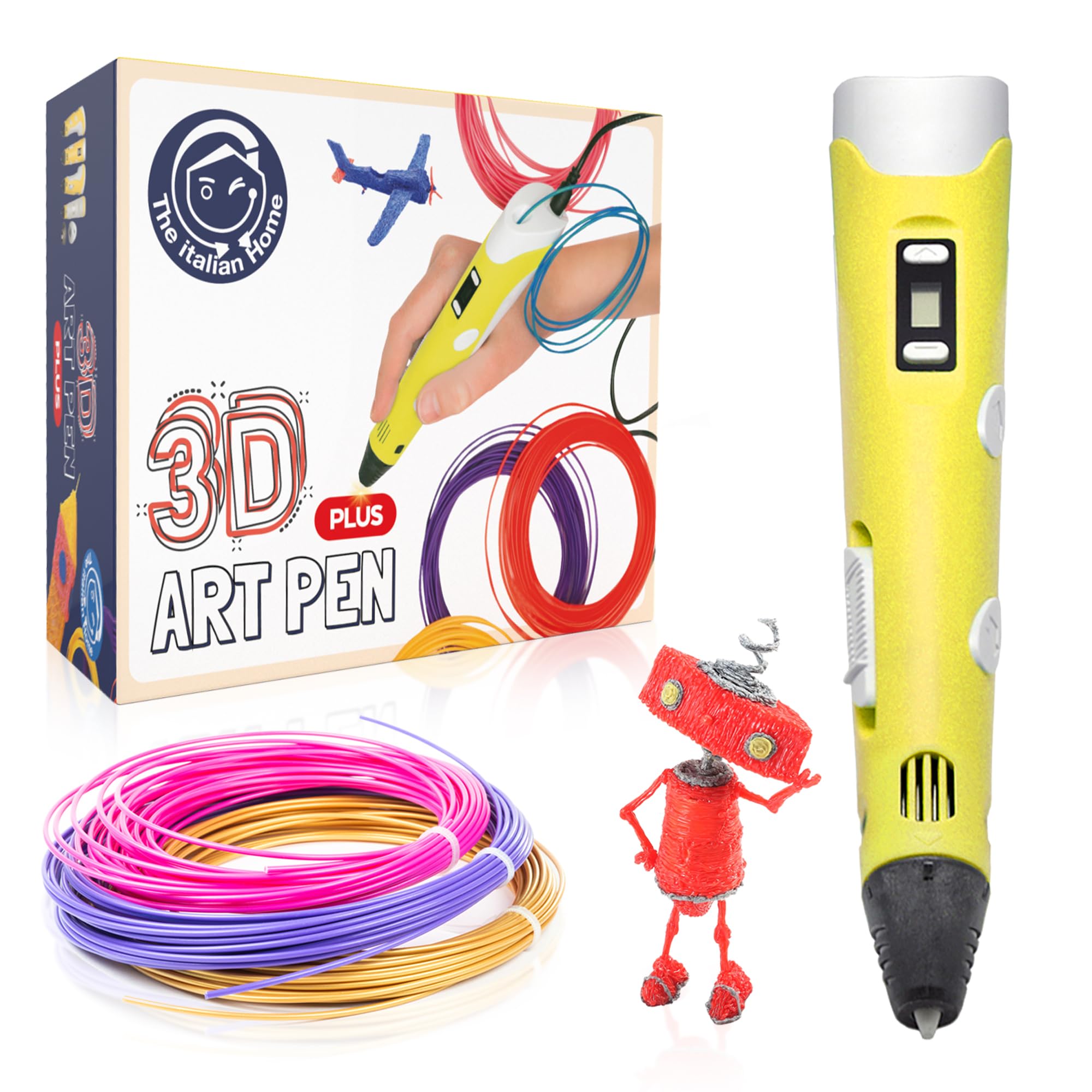 The Italian Home® Boligrafo 3D niños + Instrucciones en español y guía ilustrada de Regalo + Filamentos PLA 12 Colores (2 Fluorescentes) - boli 3D, Lapiz 3D, boligrafo 3D para niños
