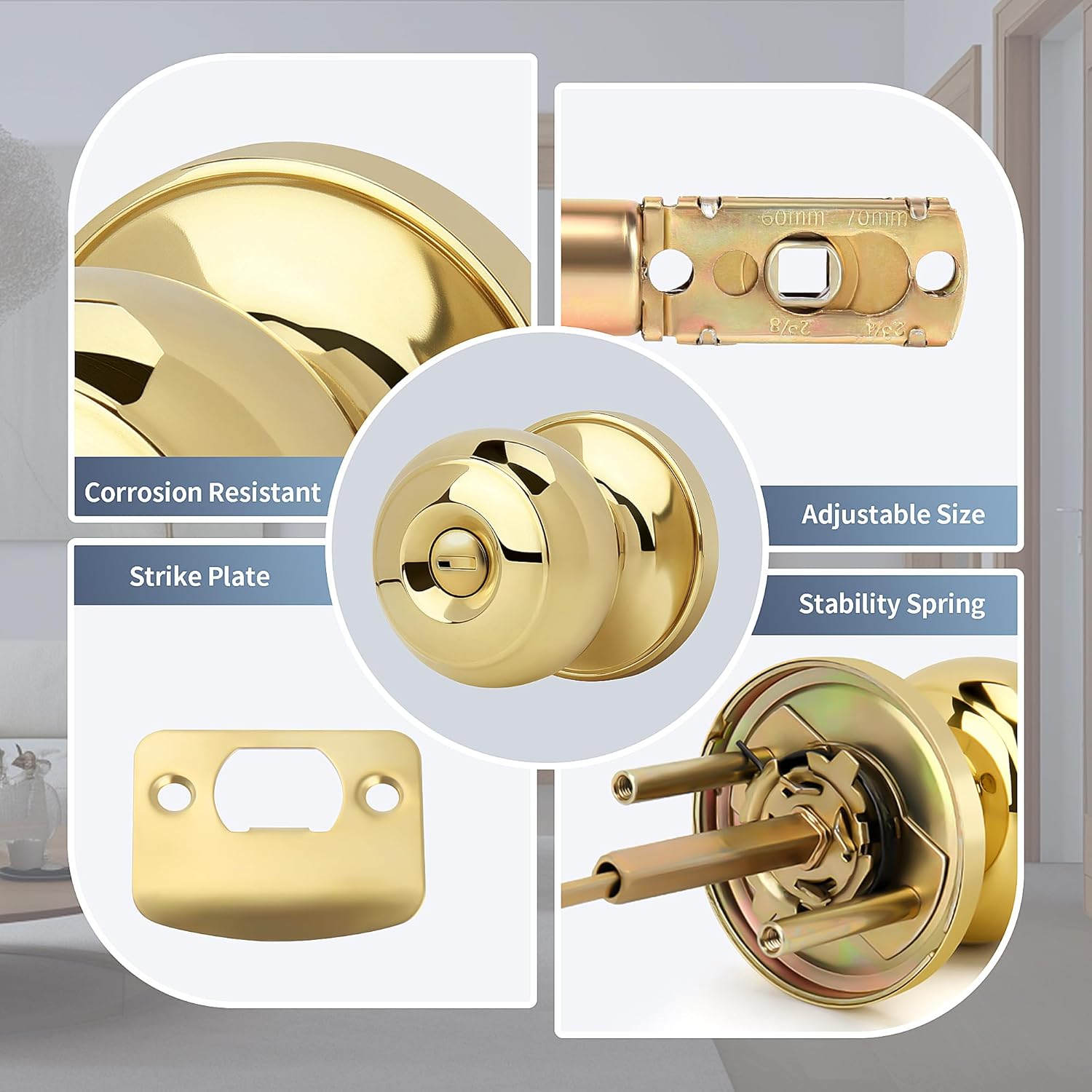 Moquin Gold Privacy Door Knob with Lock, Keyless Interior Flat Ball Door Knob for Bathroom or Closet, Polished Brass