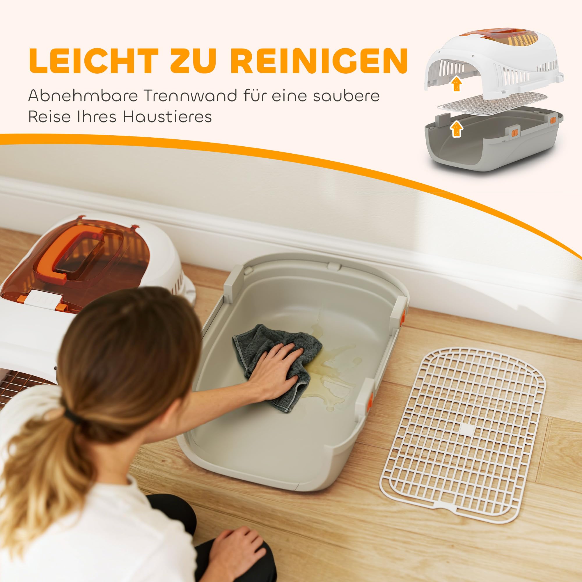 PawHut Transportbox Hundetransportbox für Katze Miniaturhunde bis 4kg 49x32x31cm Hundebox mit Dachöffnung Futternapf Sicherheitsverschluss Katzenbox aus Kunststoff mit Stahlgitter Hellgrau