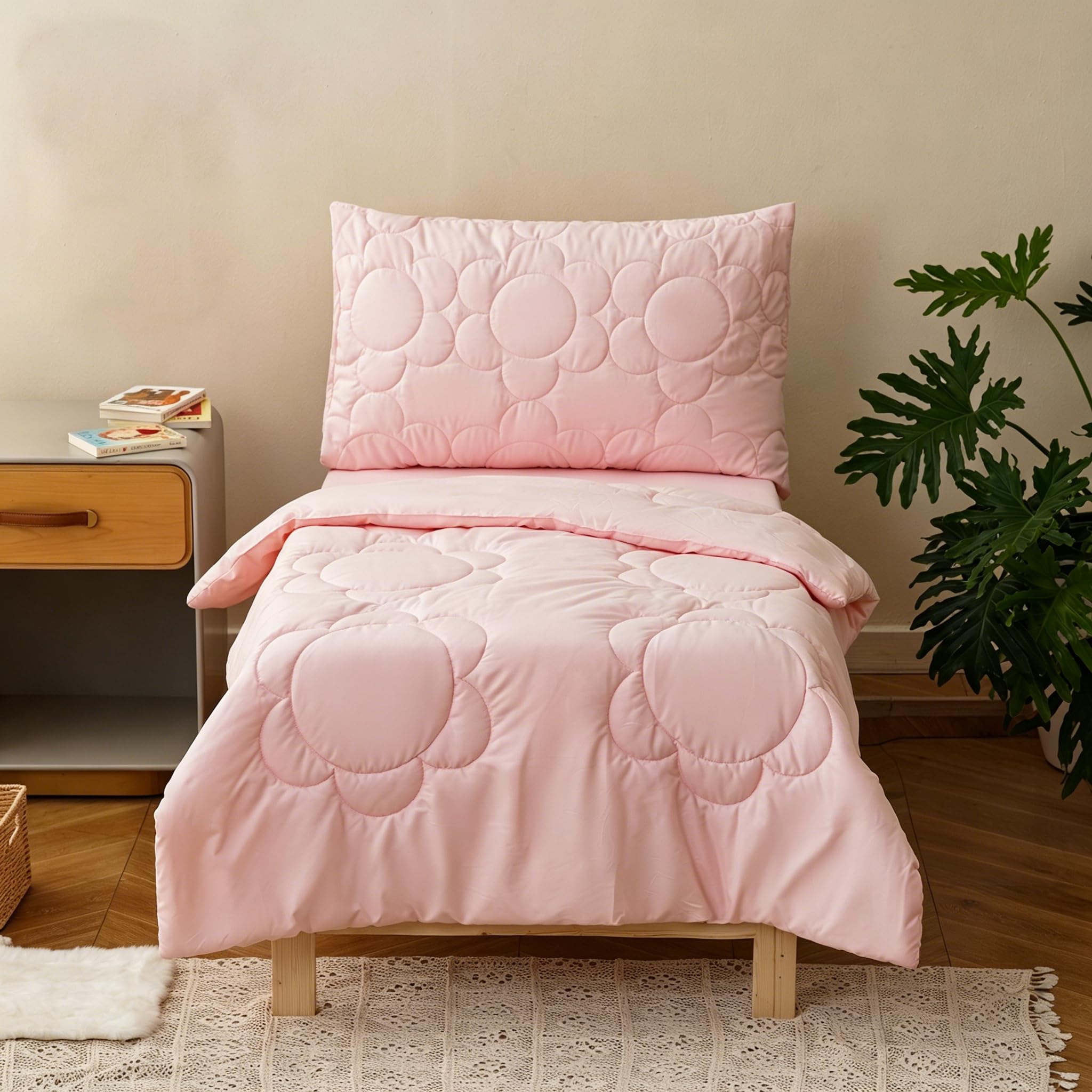 KAREVER Flower Toddler Bedding Set Botanical Print 4 Pieces Crib Bed Set Kids Pink Floral Comforter Set