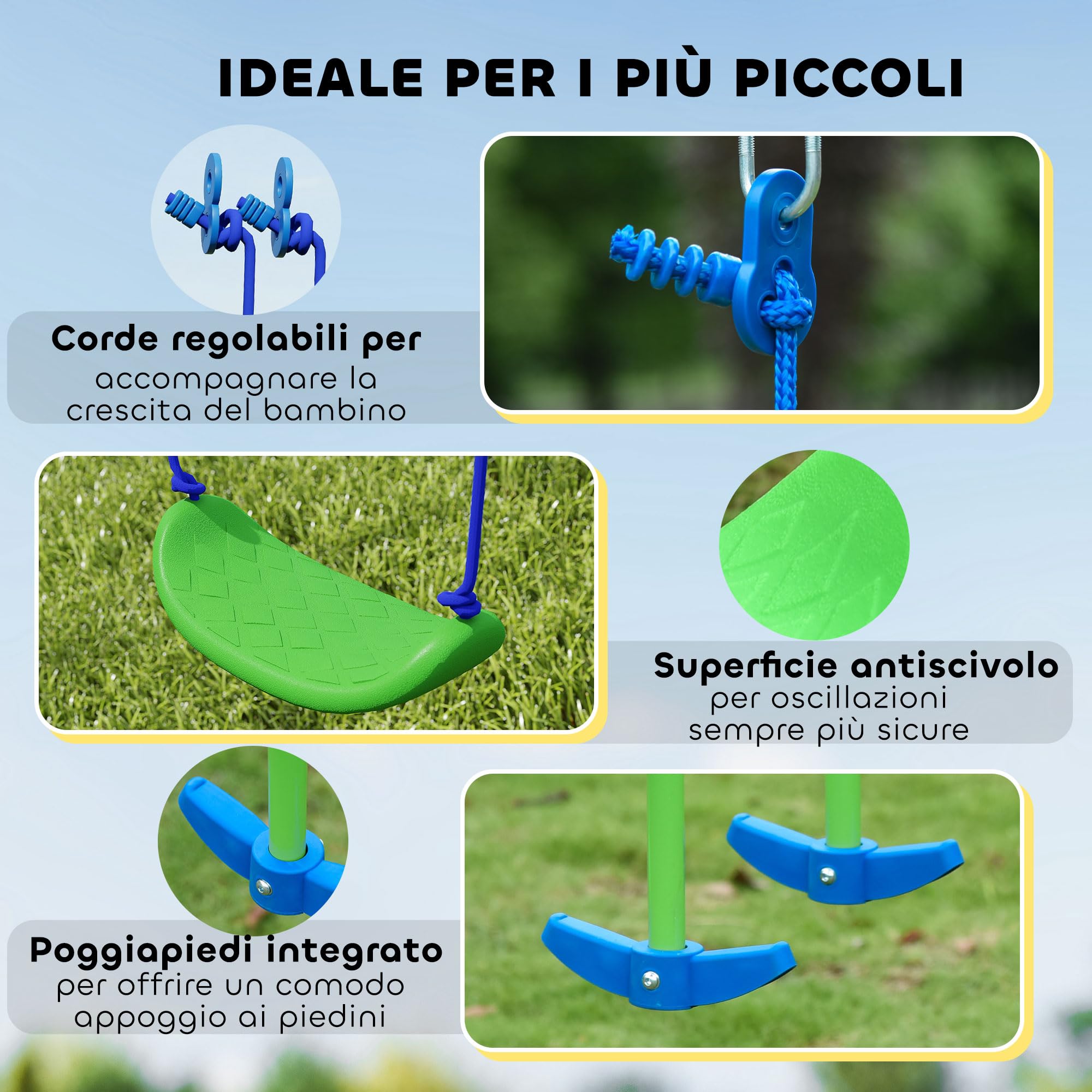 Outsunny Set Altalene da Giardino per 4 Bambini, 1 Altalena Doppia e 2 Altalene Singole, Capacità di peso 45kg (Altalena) 180kg (Totale), 280x140x178cm