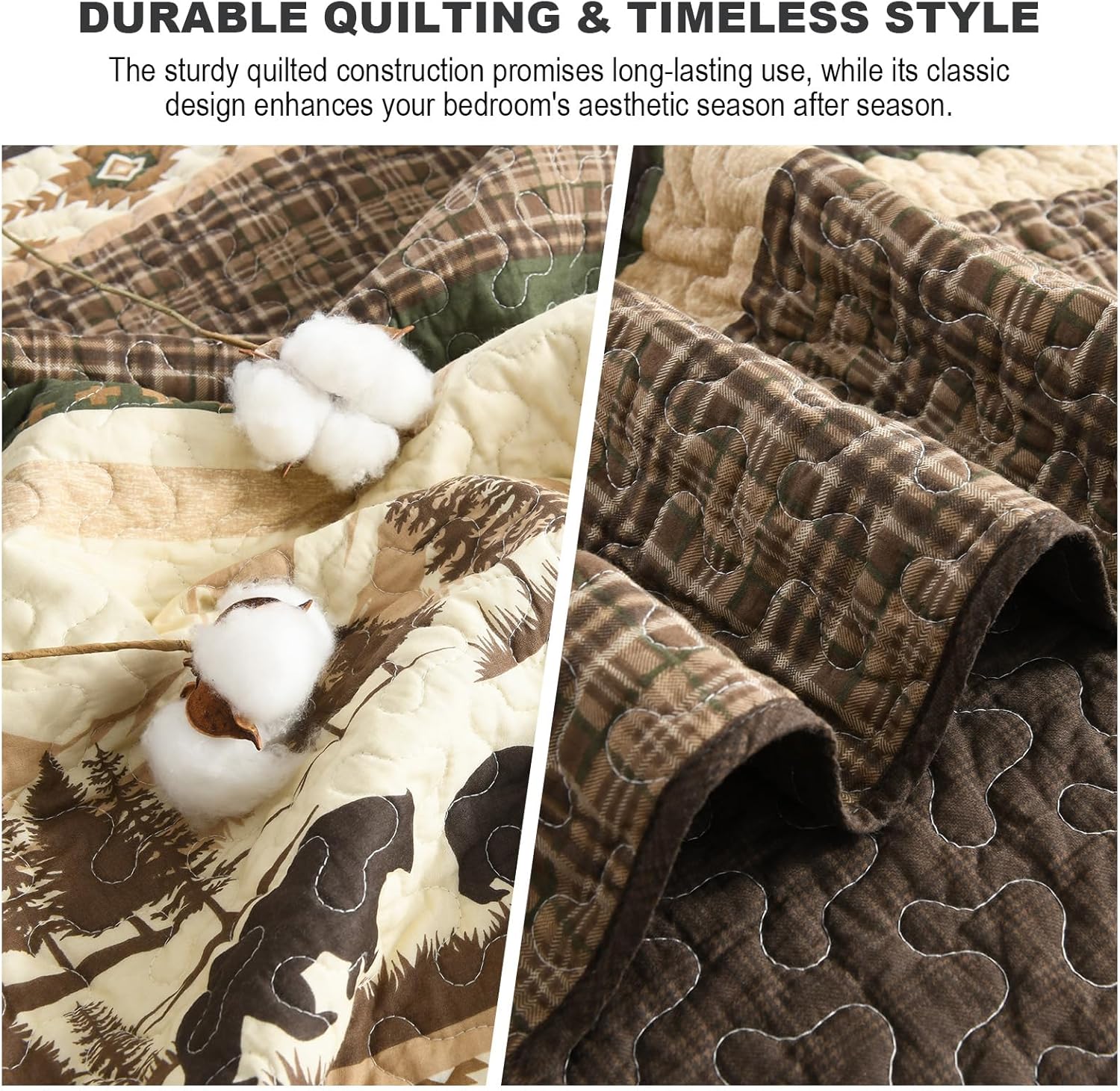 Cabin King Quilt Set, 100% Cotton Farmhouse Quilted Bedspreads, Bear Forest Tree Striped Lightweight Comforter, Reversible Bedding Set, 3 Pieces, Brown/Beige/Green - Image 4