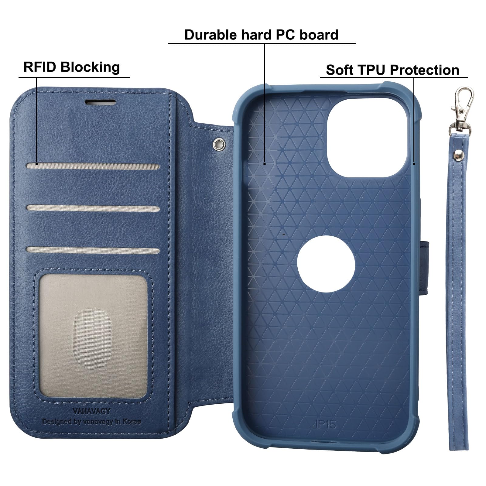 VANAVAGY Compatible for iPhone 15 Wallet Case, 12ft Drop Protection, RFID Blocking PU Leather Flip Cover - Image 3