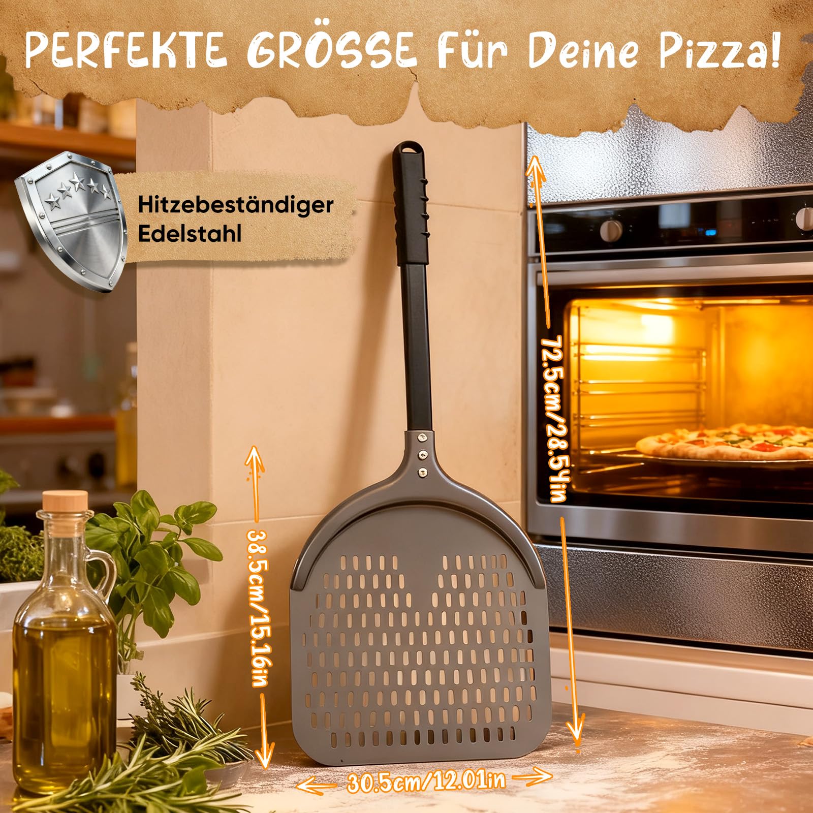 Pala per pizza [38,5 x 30,5 x 72,5 cm), pala per pizza in alluminio nero, non si attacca grazie al rivestimento antiaderente per forno e pietra per pizza