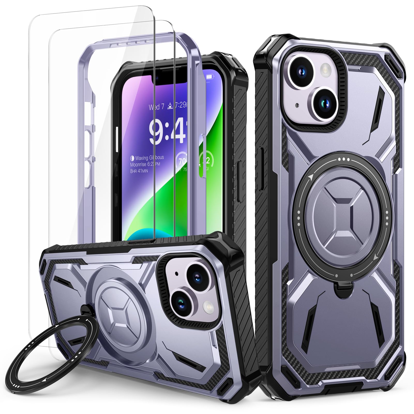 Lanhiem Cover iPhone 14 / iPhone 13 con 2 Pezzi Vetro Temperato, Supporto Magnetico Anello a 360° Protezione 6FT Antiurto Anticaduta Militare Armor Protezione, Custodia iPhone 13/14, Viola