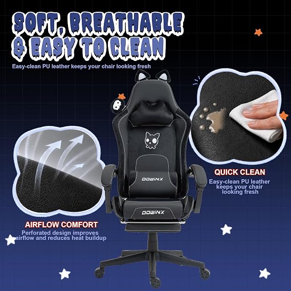 Dowinx Gaming Chair with Cat Ears and Massage Lumbar Support, Ergonomic Computer Chair with Footrest and Headrest, Comfortable Reclining Game Chair 290lbs for Adults, Black